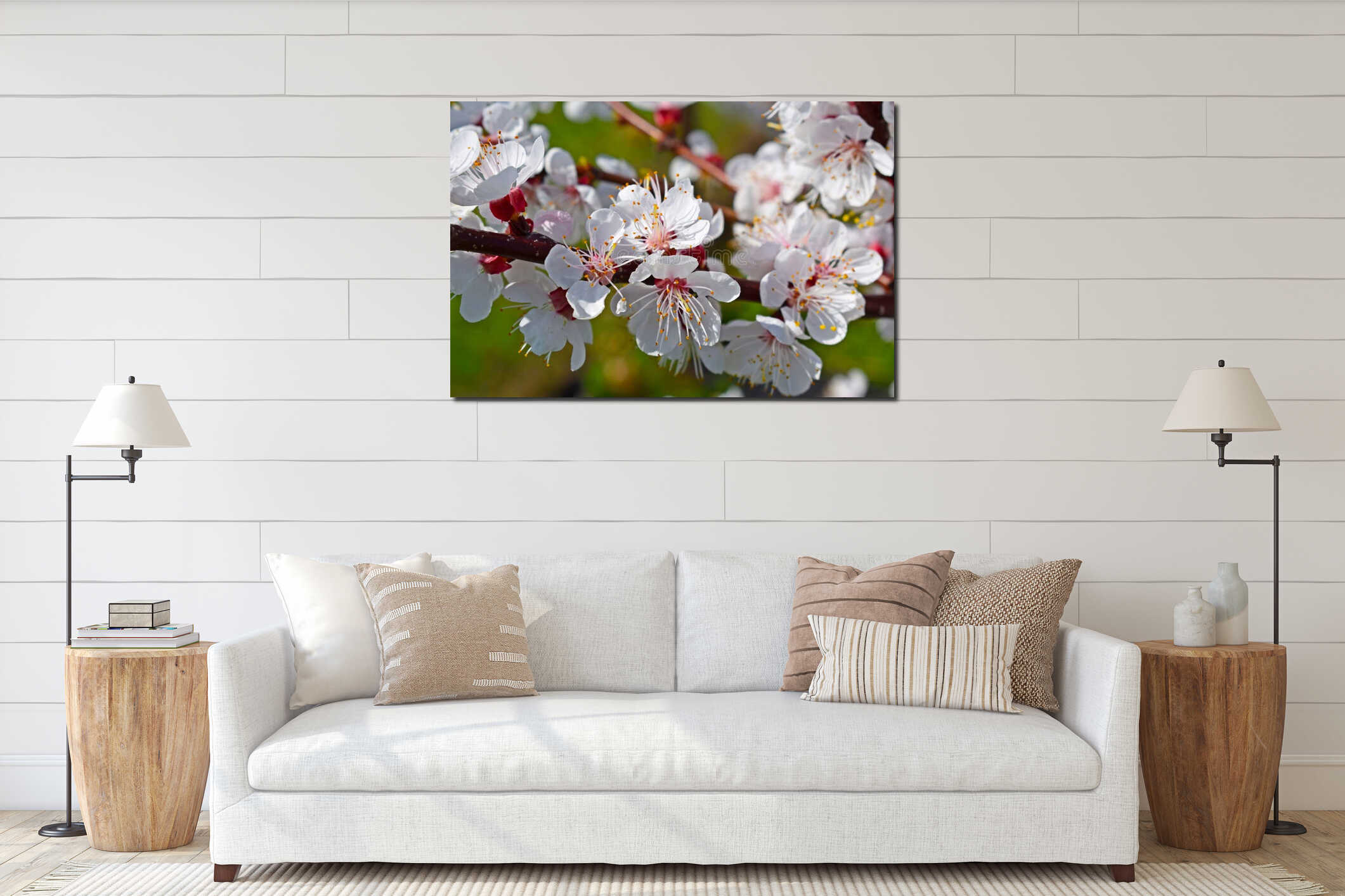 Beautifully blooming apricot tree. interior mockup