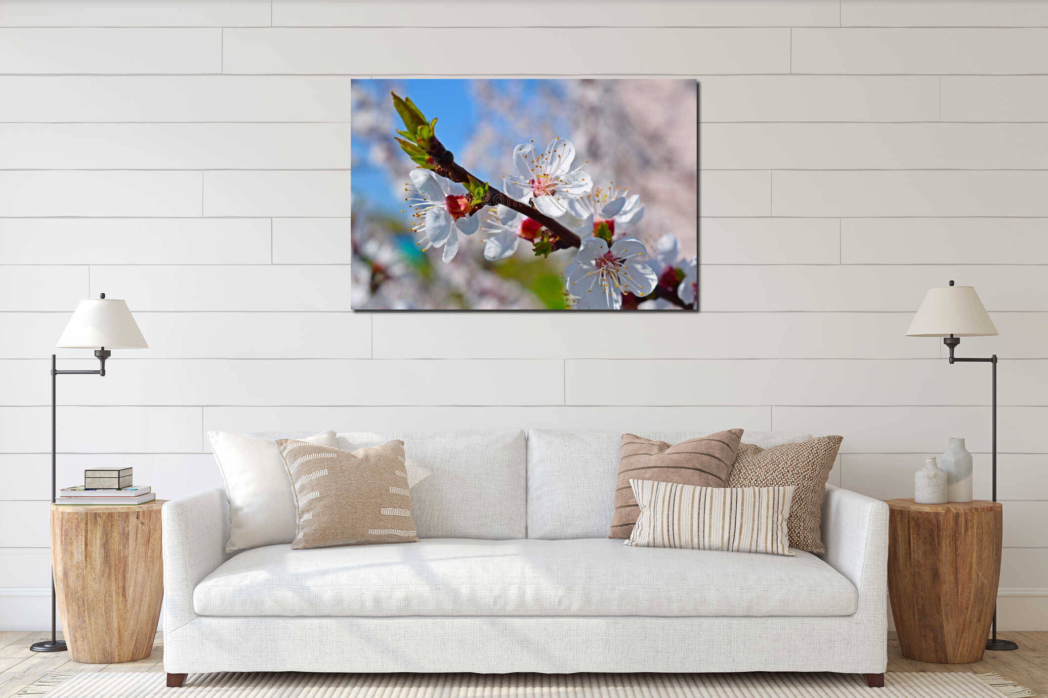 Beautifully blooming apricot tree. interior mockup