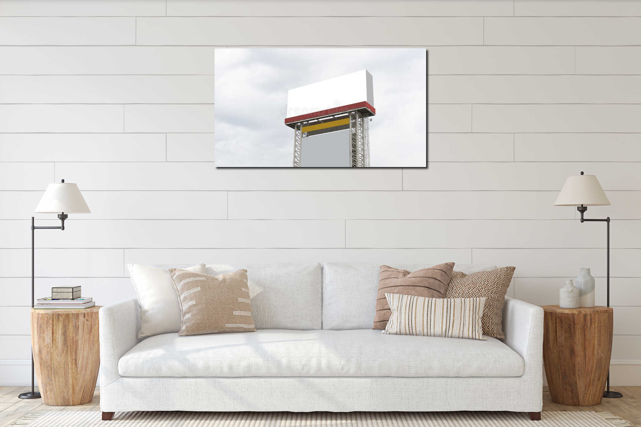 Blank billboard on the sideway in the park on rainbow overcast sky clouds  background interior mockup