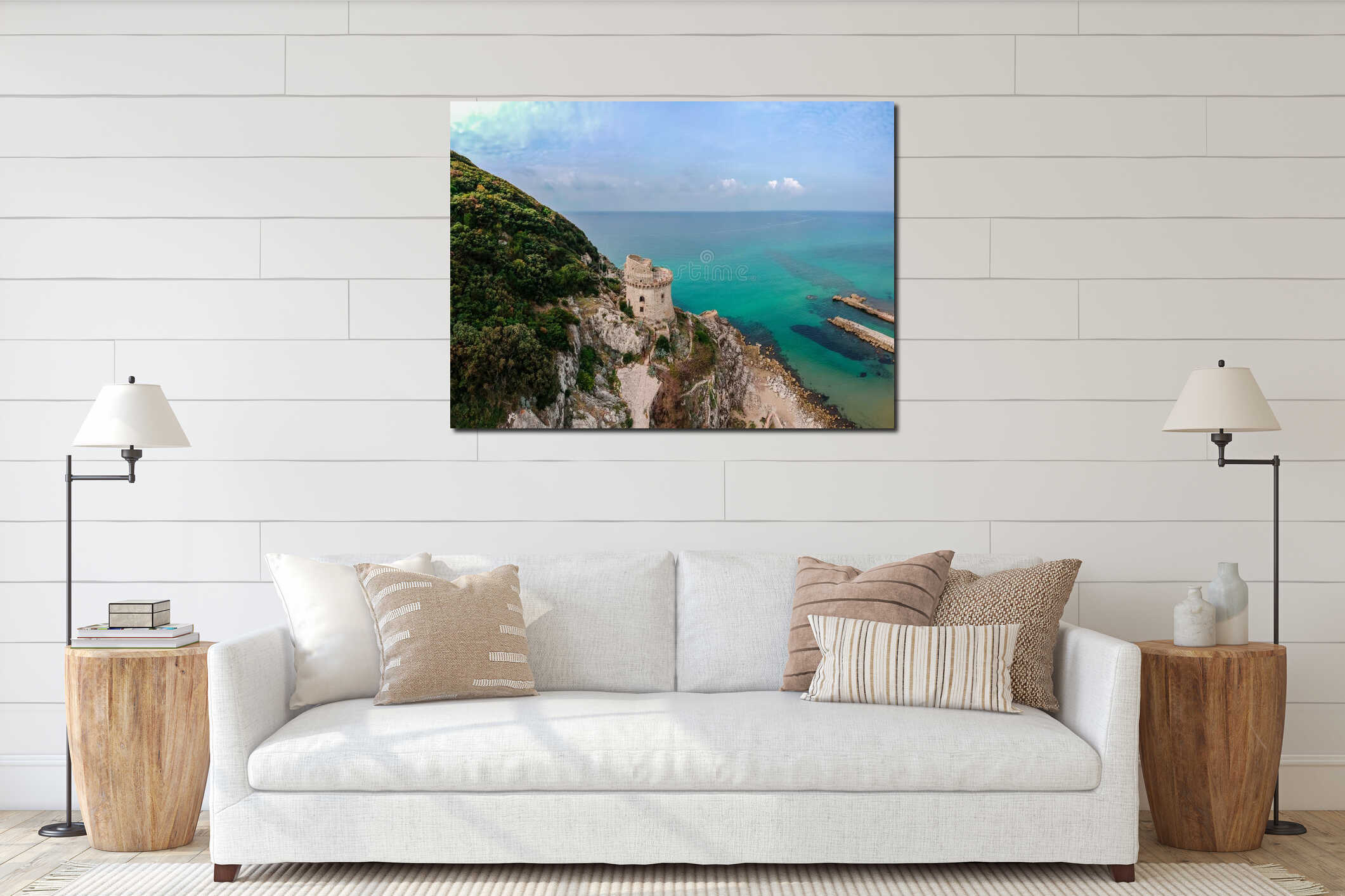 Panoramic landscape with ancient tower in Sabaudia, Lazio, Italy. Scenic resort town village with nice sand beach and clear blue interior mockup
