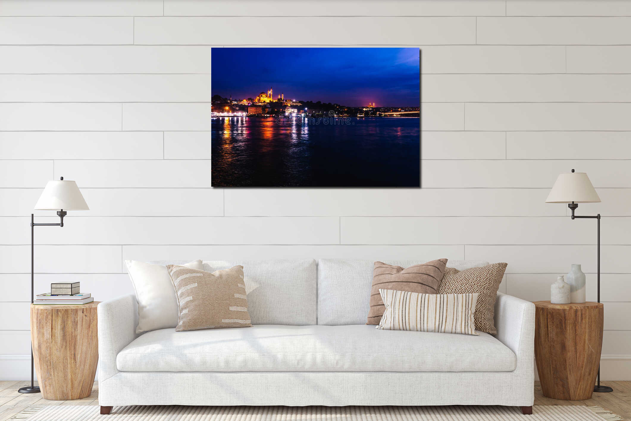 Night view of Istanbul. Panorama cityscape of famous tourist destination Golden Horn bay part of Bosphorus strait. Travel interior mockup