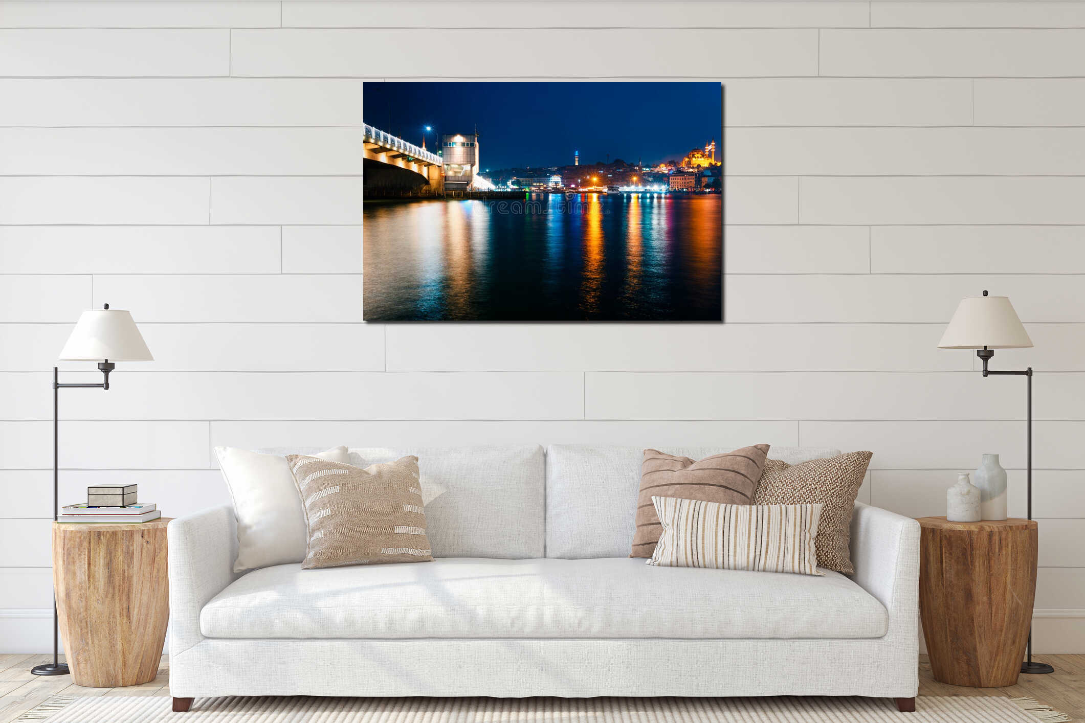 Night view of Istanbul. Panorama cityscape of famous tourist destination Golden Horn bay part of Bosphorus strait and Galata interior mockup