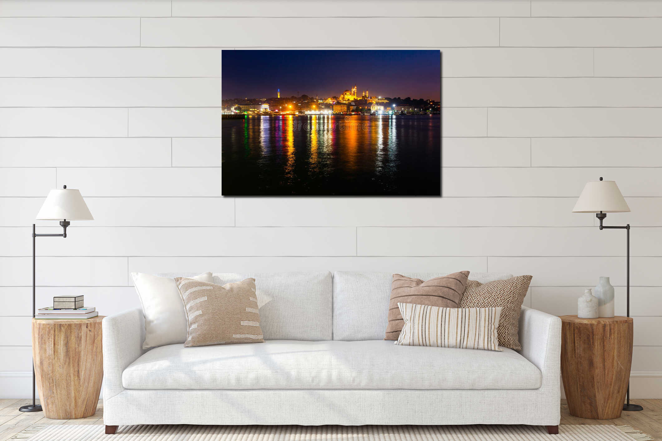 Night view of Istanbul. Panorama cityscape of famous tourist destination Golden Horn bay part of Bosphorus strait. Travel interior mockup