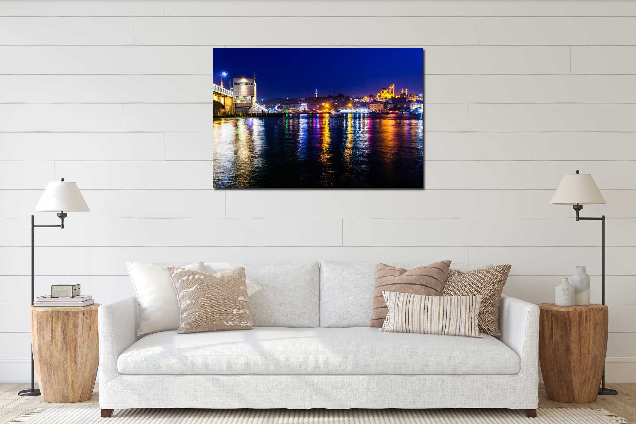 Night view of Istanbul. Panorama cityscape of famous tourist destination Golden Horn bay part of Bosphorus strait and Galata interior mockup