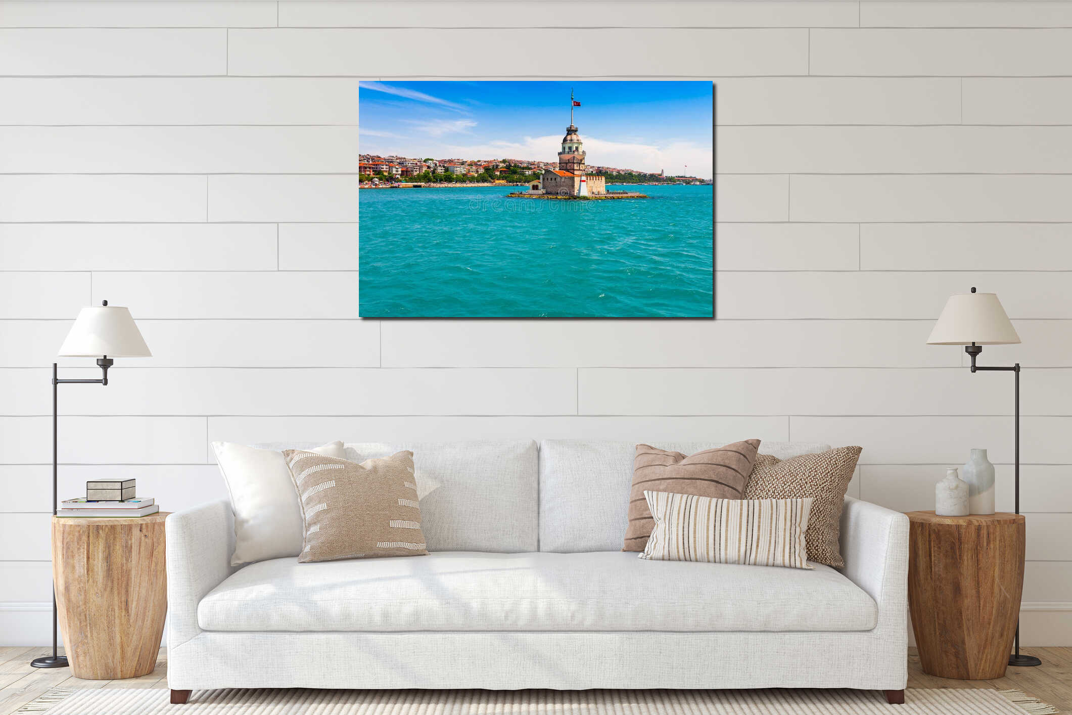 Panoramic view of Istanbul. Panorama cityscape of famous tourist destination Bosphorus strait channel. Travel landscape Bosporus, interior mockup