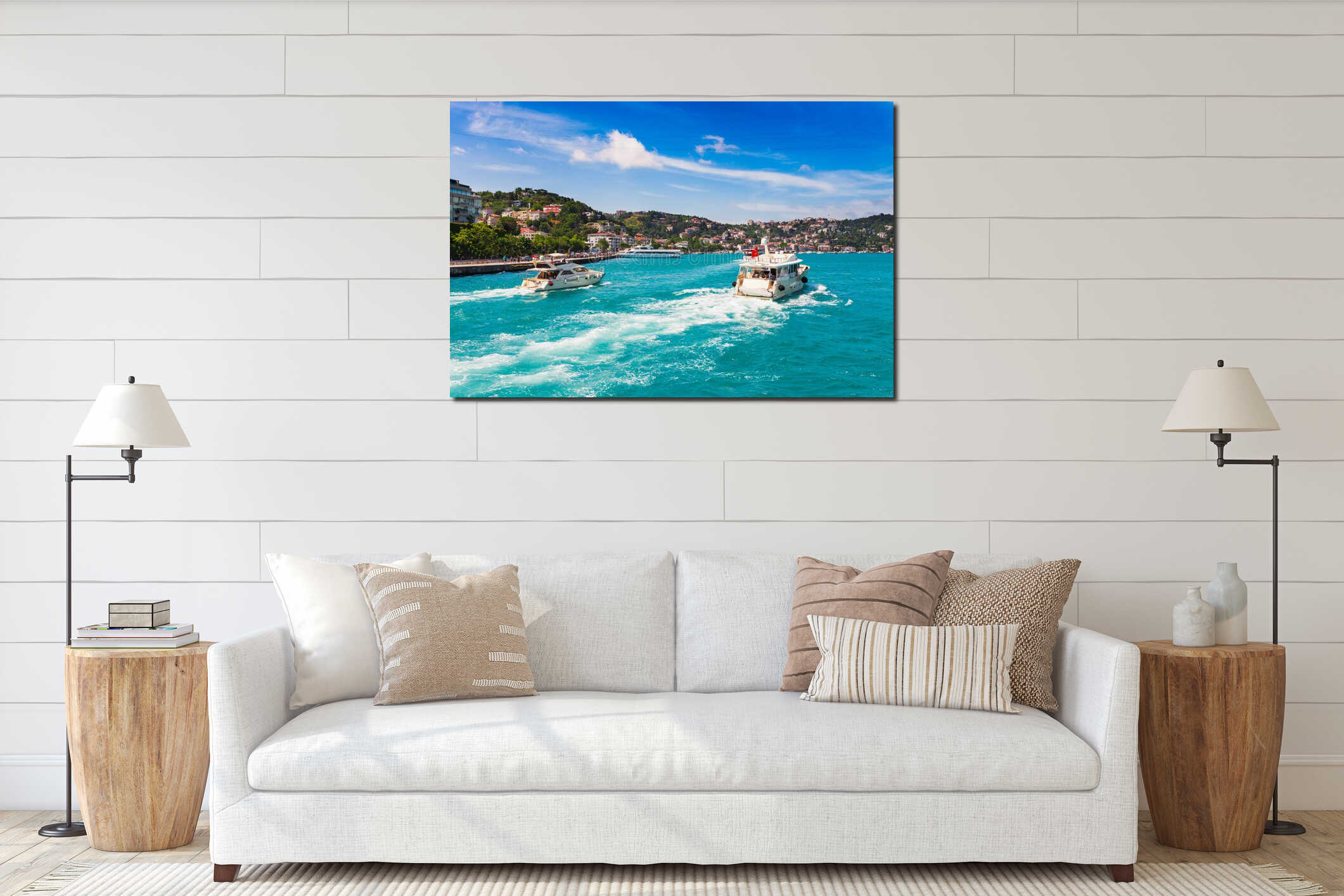 Panoramic view of Istanbul. Panorama cityscape of famous tourist destination Bosphorus strait channel. Travel landscape Bosporus, interior mockup