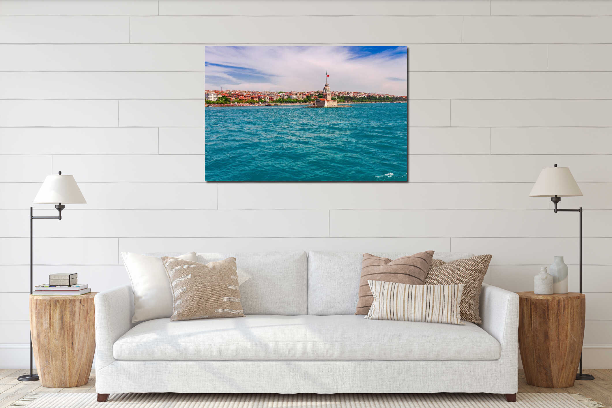 Panoramic view of Istanbul. Panorama cityscape of famous tourist destination Bosphorus strait channel. Travel landscape Bosporus, interior mockup