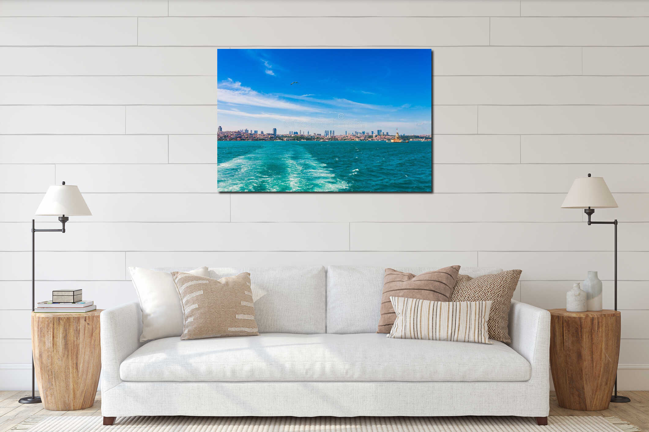 Panoramic view of Istanbul. Panorama cityscape of famous tourist destination Bosphorus strait channel. Travel landscape Bosporus, interior mockup