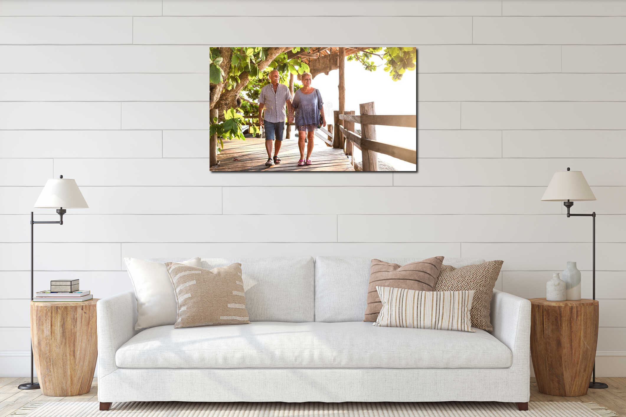 Happy senior couple walking holding hand at Koh Phangan beach promenade - Active elderly and travel lifestyle concept interior mockup