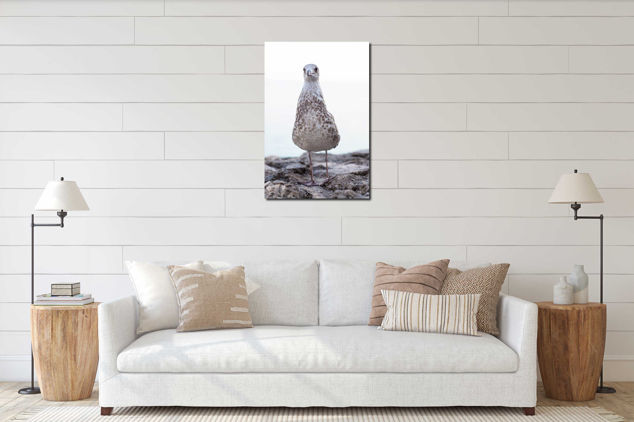 A gray seagull sits on a stone against the sea interior mockup