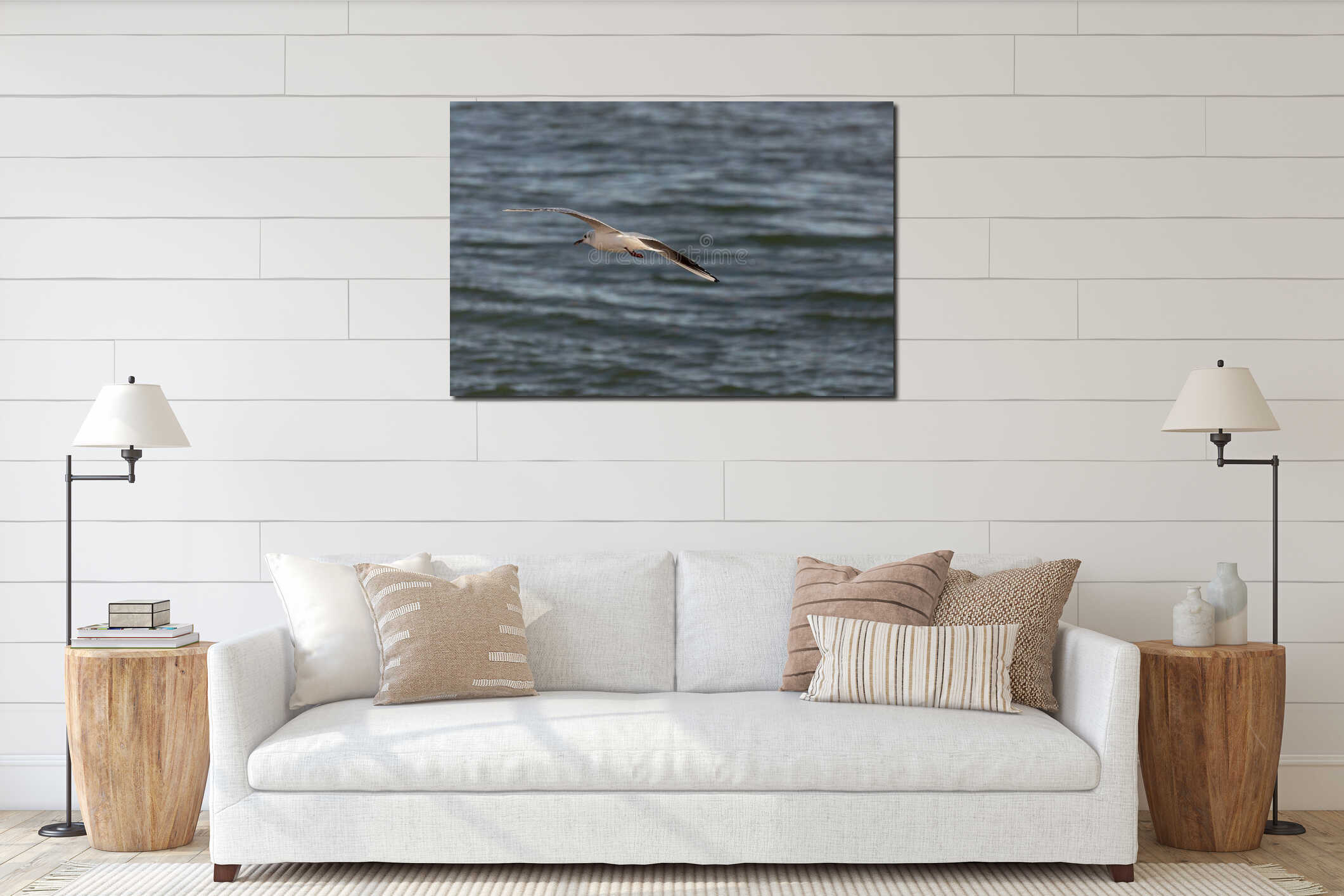 Seagull flying over the Tagus River in the city of Lisbon interior mockup