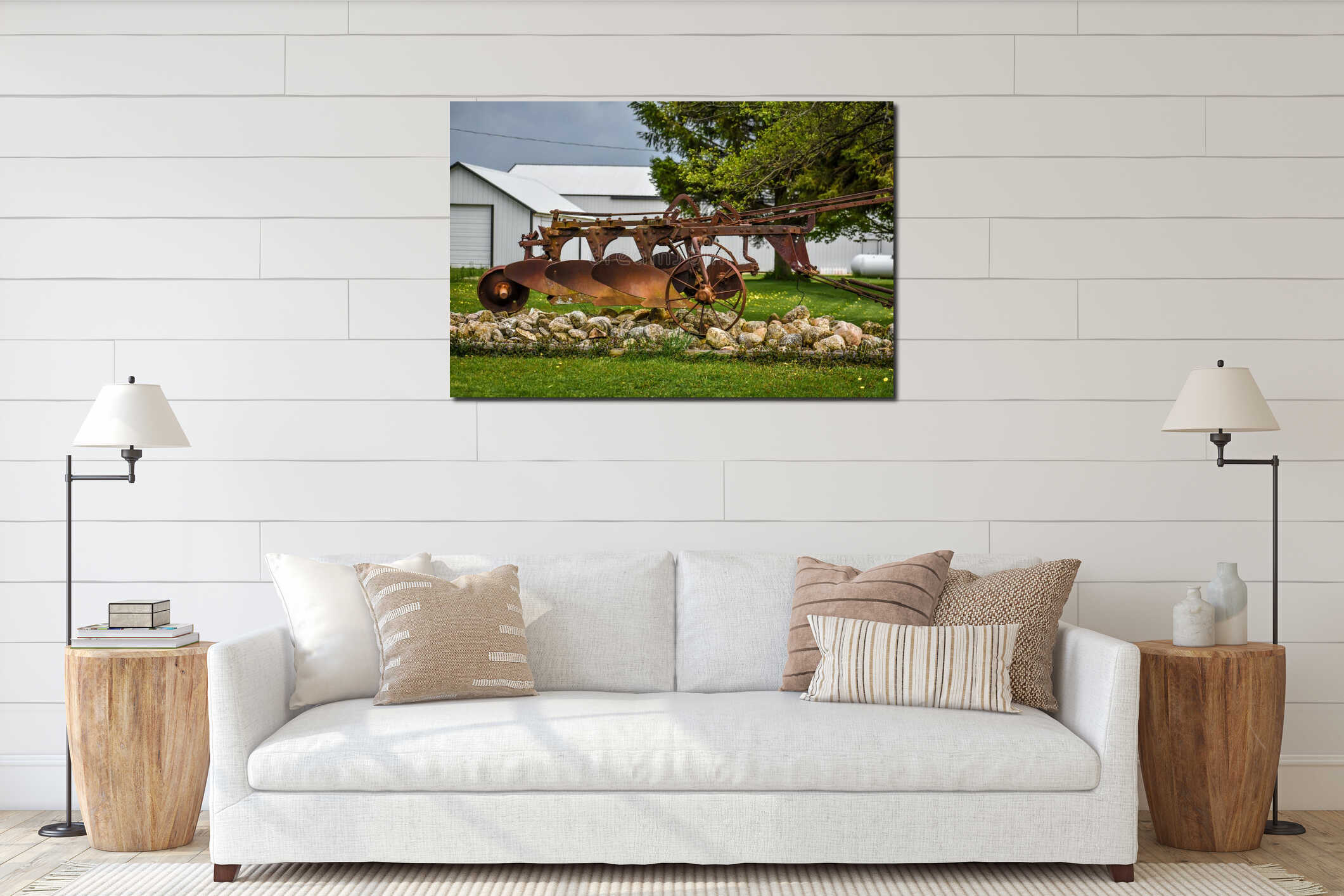 Antique Farm Equipment Displayed in Yard interior mockup