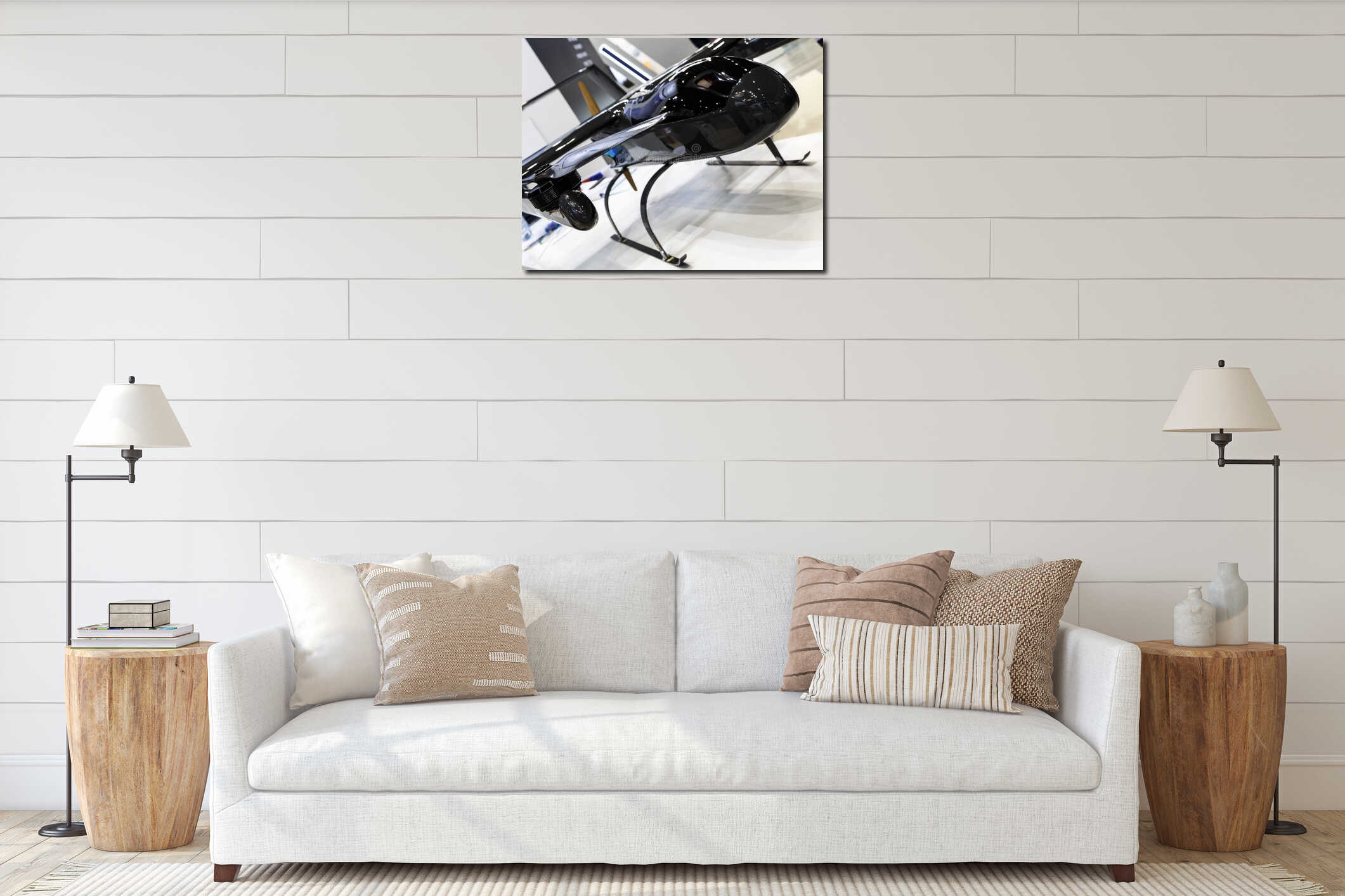Selective focus on black drone standing on table interior mockup