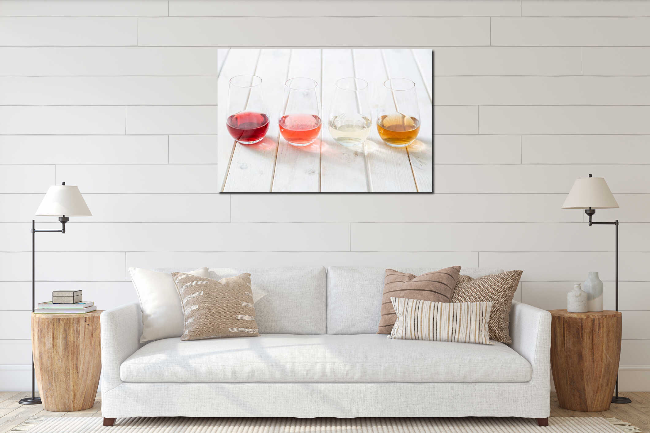 WIne tasting concept - red, rose and white wine in glasses interior mockup
