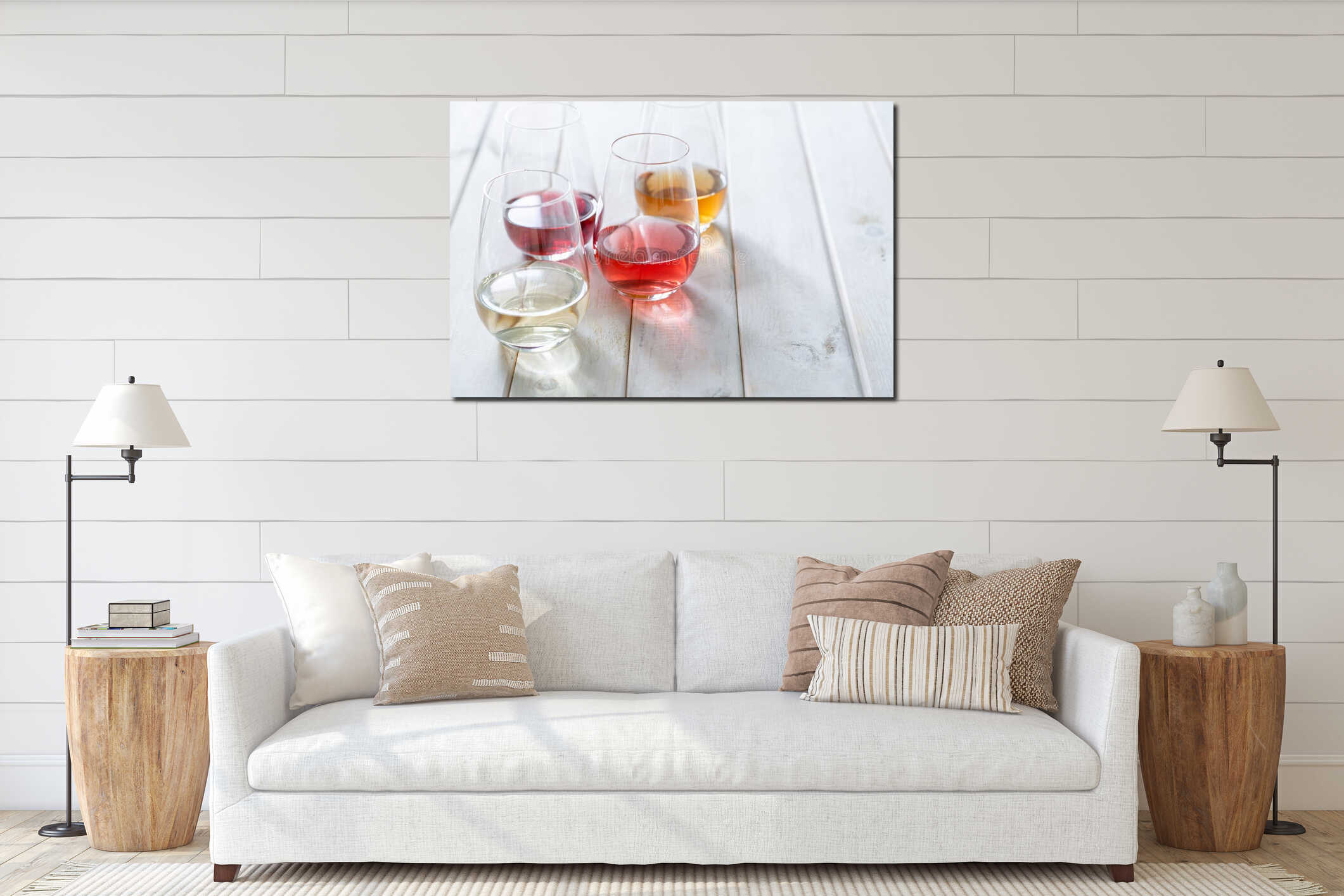 WIne tasting concept - red, rose and white wine in glasses interior mockup