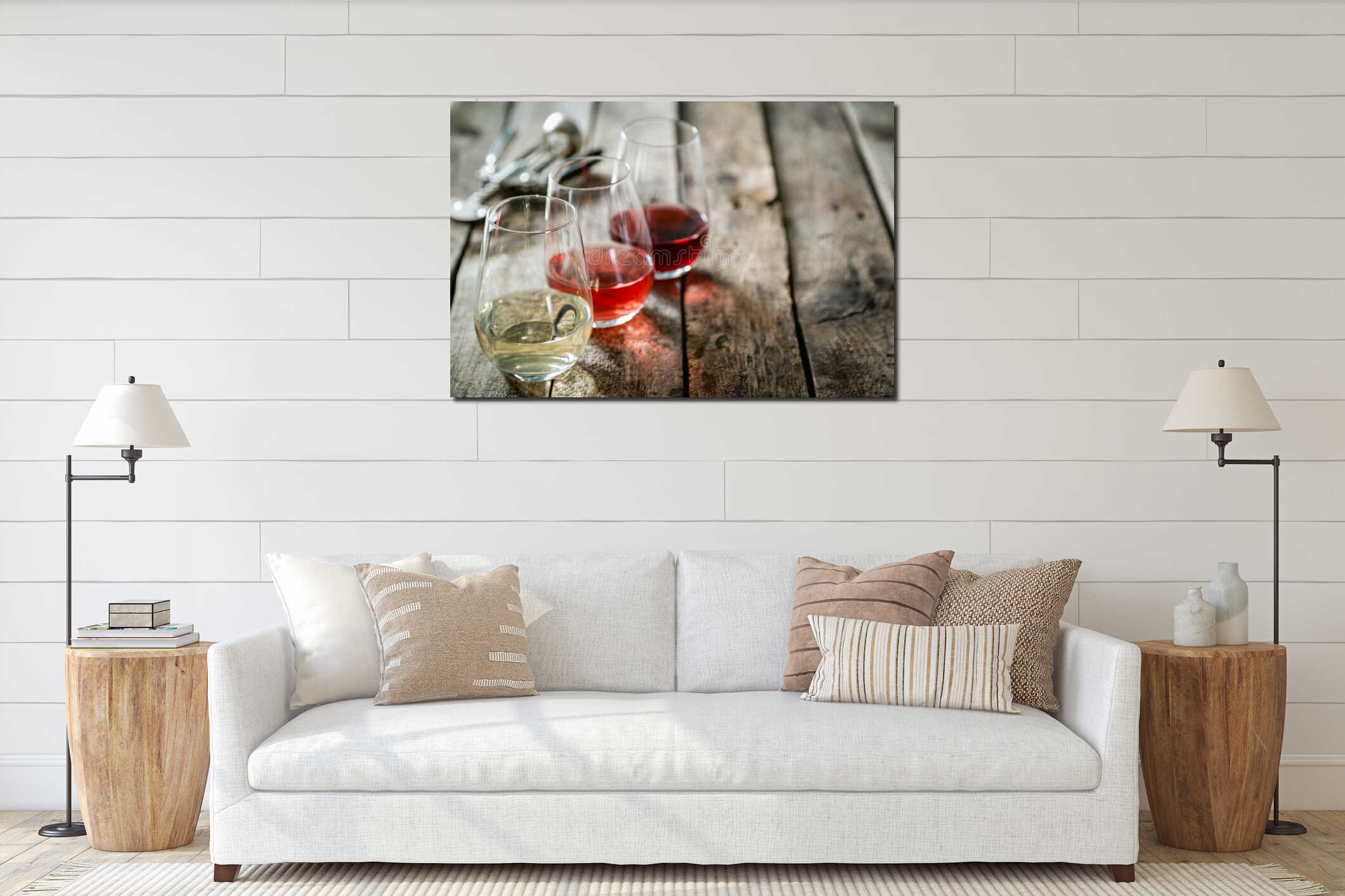 WIne tasting concept - red, rose and white wine in glasses interior mockup