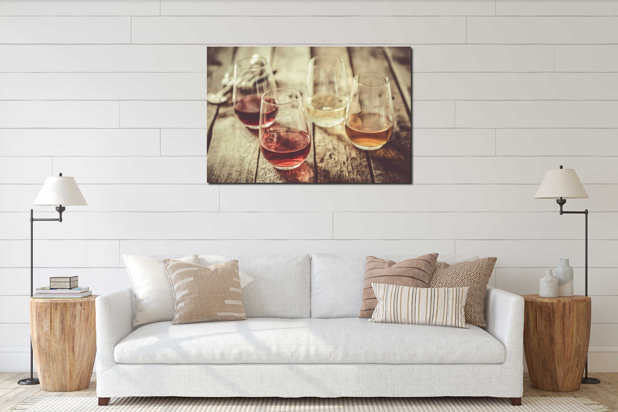 WIne tasting concept - red, rose and white wine in glasses interior mockup