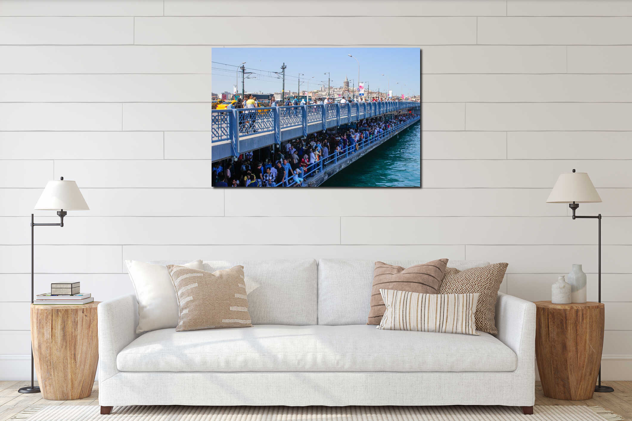Turquoise water of the Bosphorus Strait from Istanbul. Bridge over the Bosphon with Galata Tower interior mockup