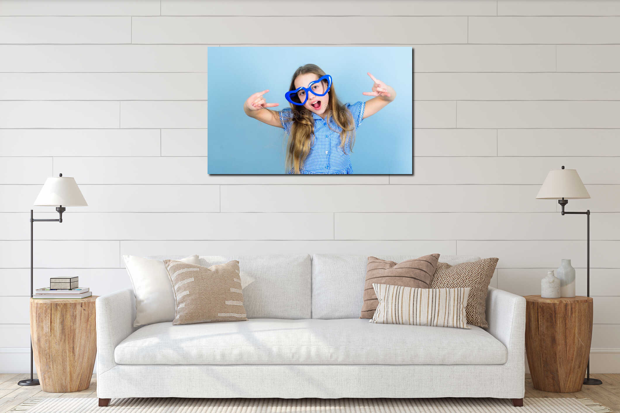 Power of love. Kid girl heart shaped eyeglasses. Girl adorable smiling face fall in love. Child charming smile blue interior mockup
