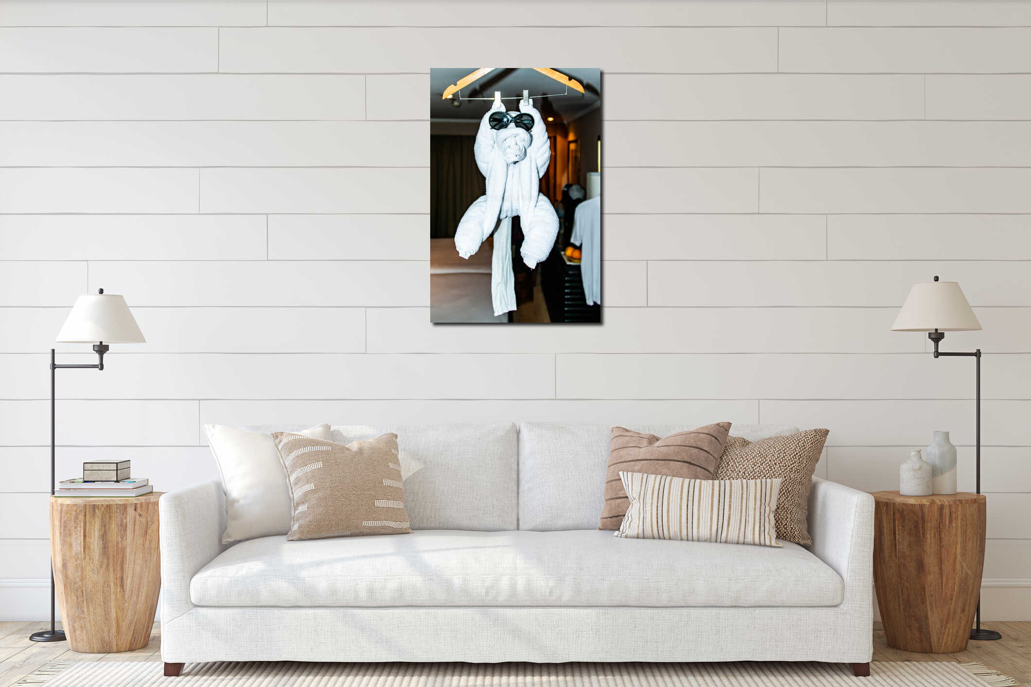 Vacation decorative close up a animal made of white towel lies on a bed in Egypt nile cruise boat hotel in Africa interior mockup