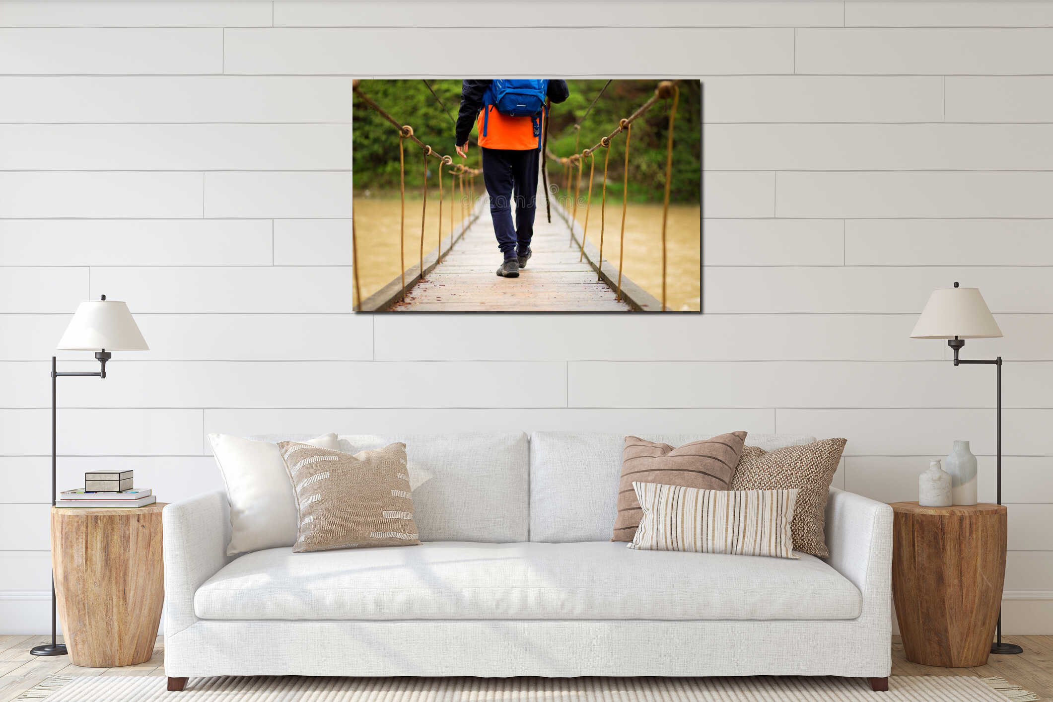 Hiking man crossing river in walking in balance on hinged bridge in nature landscape. Closeup of male hiker trekking interior mockup