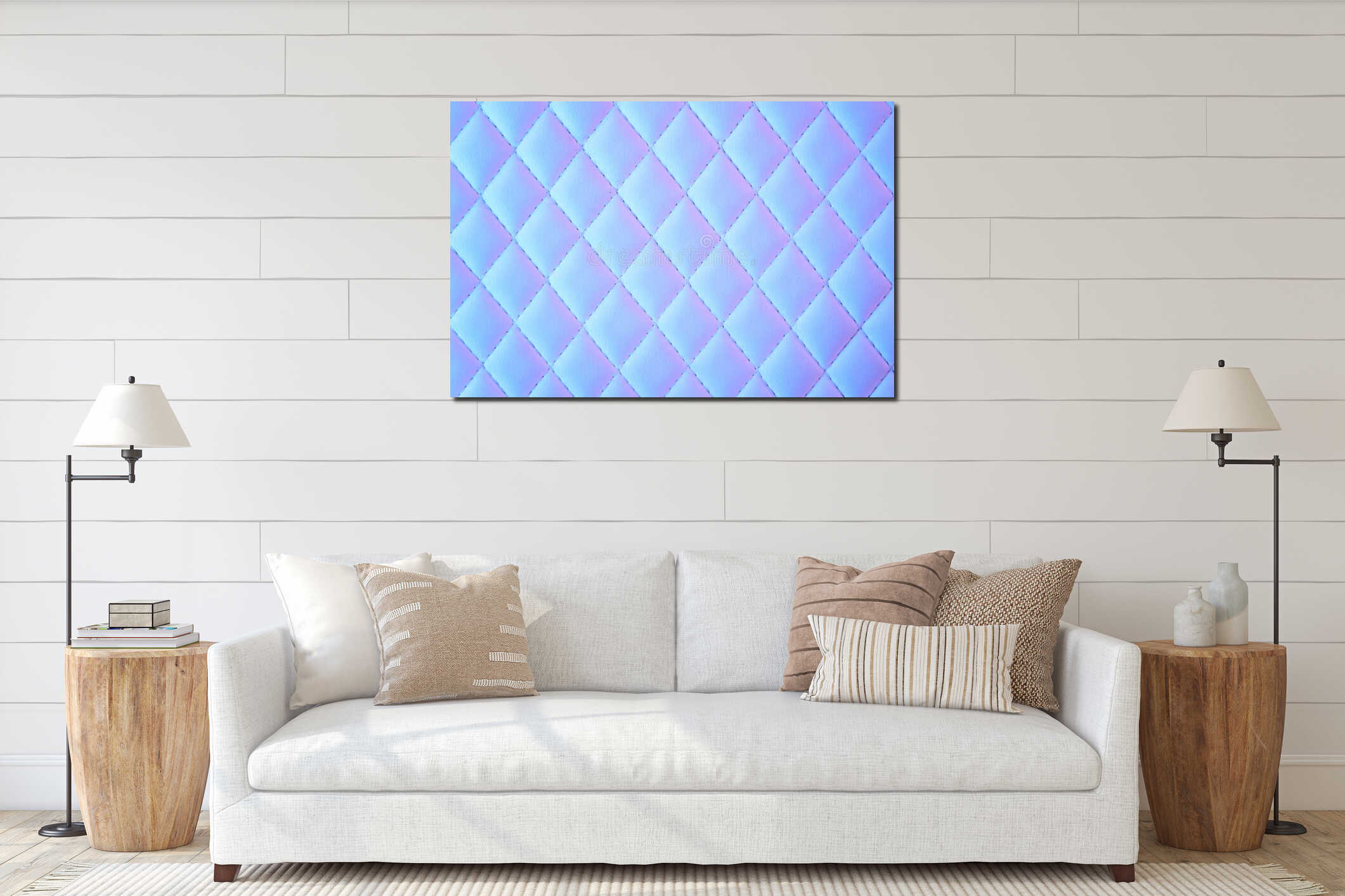 Geometric diamond pattern quilted PU leather in neon light interior mockup