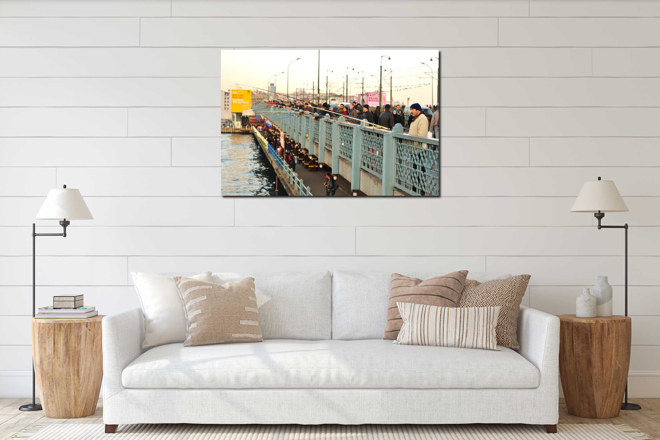Fishermen and tourists on the Galata Bridge, Istanbul, Turkey interior mockup