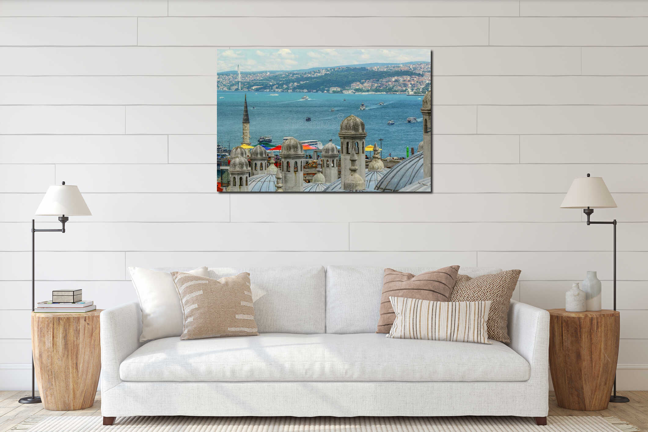 Bosphorus view. Ships floating in the sea. interior mockup