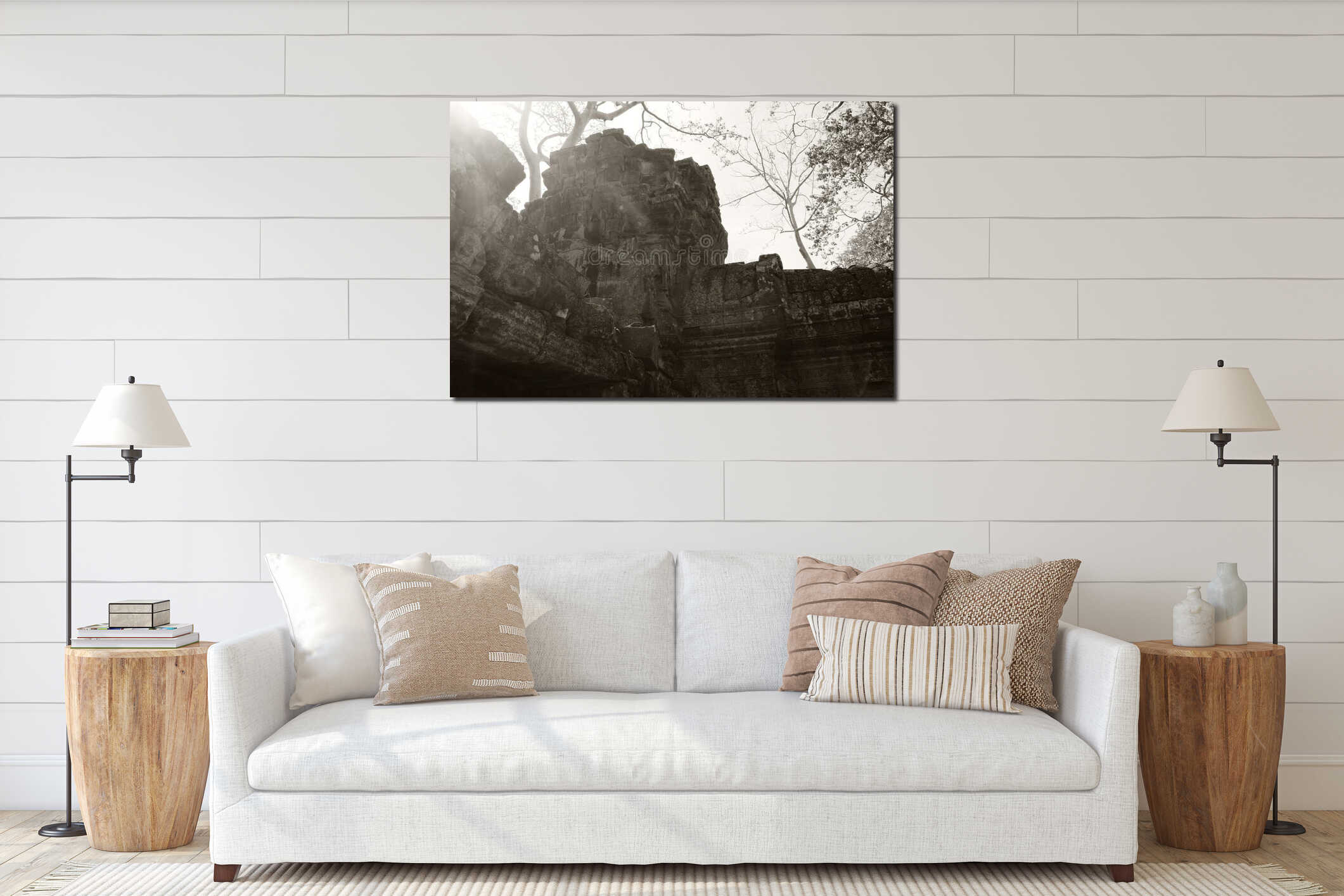 The sun`s rays make their way through the branches of the tree, illuminating the ruins of ancient buildings. Sunny bunnies interior mockup