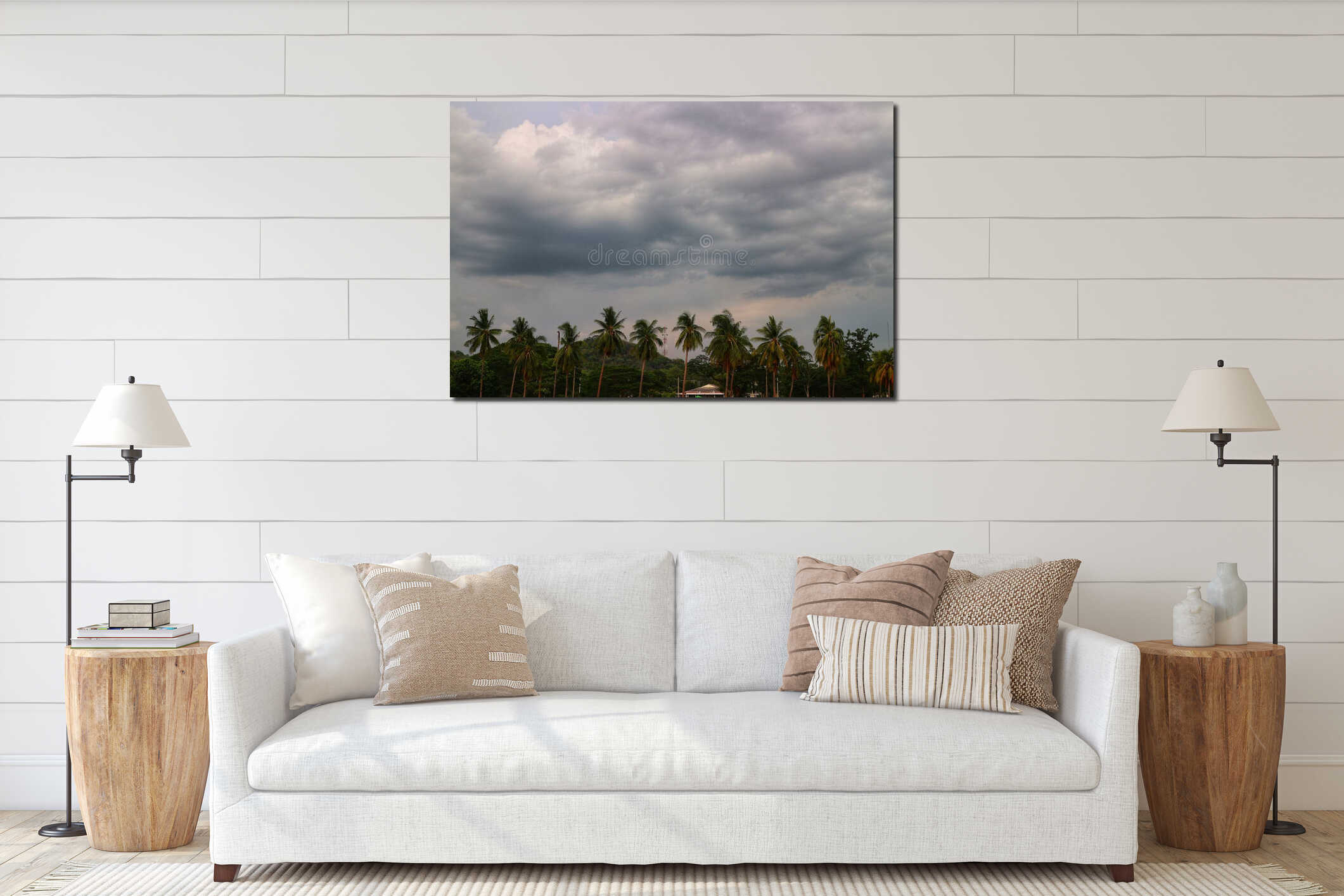 Views, landscapes, nature, trees, overcast sky, clouds, background interior mockup