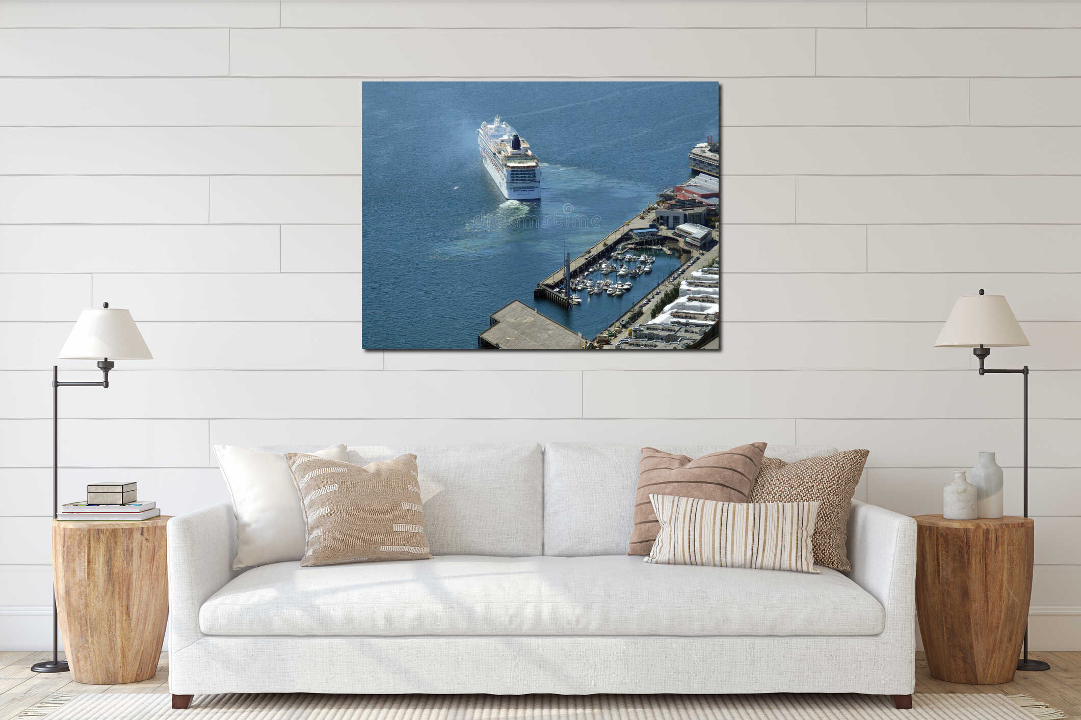 Aerial view of Norwegian Cruise ship leaving port interior mockup