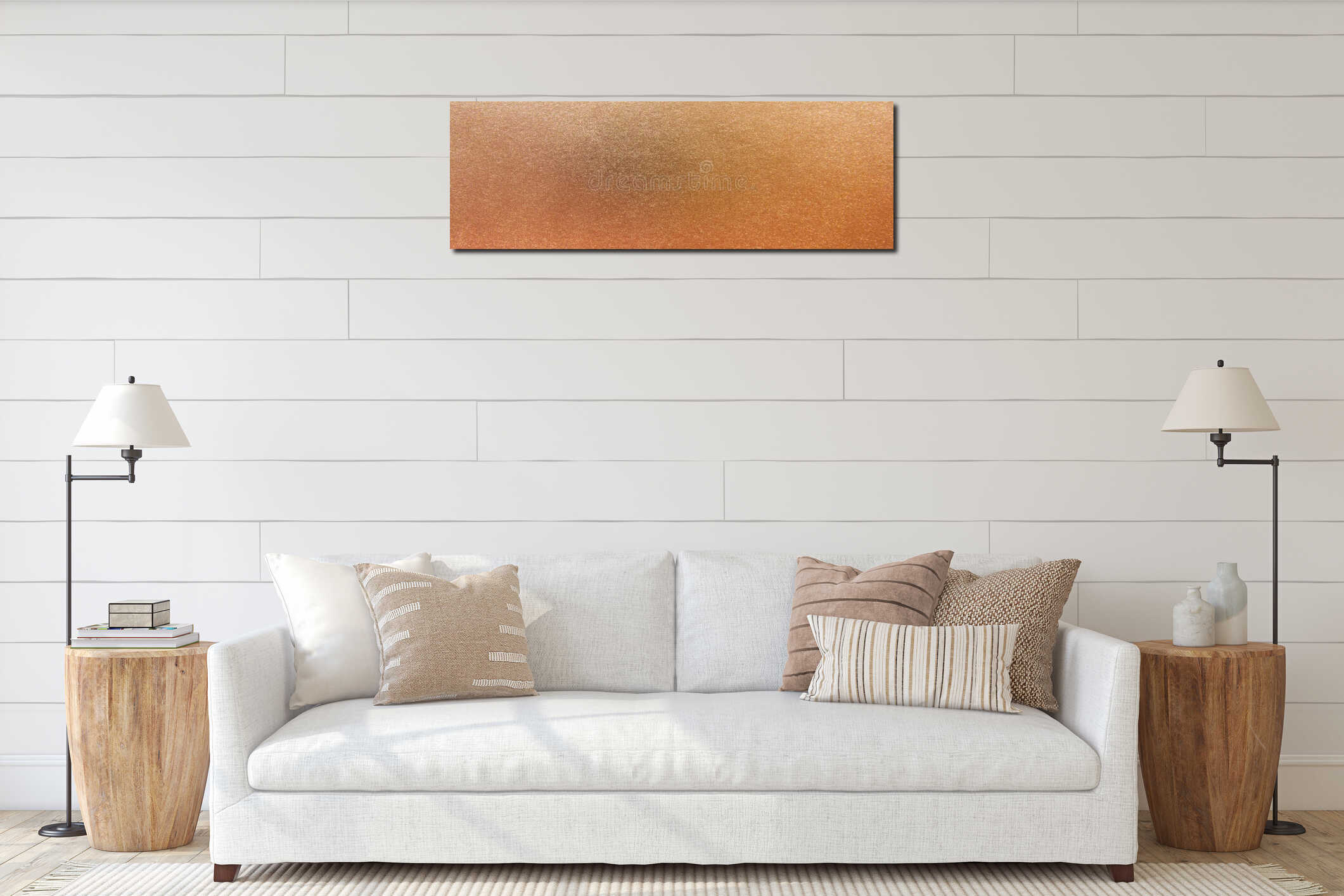 Panorama bronze metallic surface background. Copper texture background interior mockup