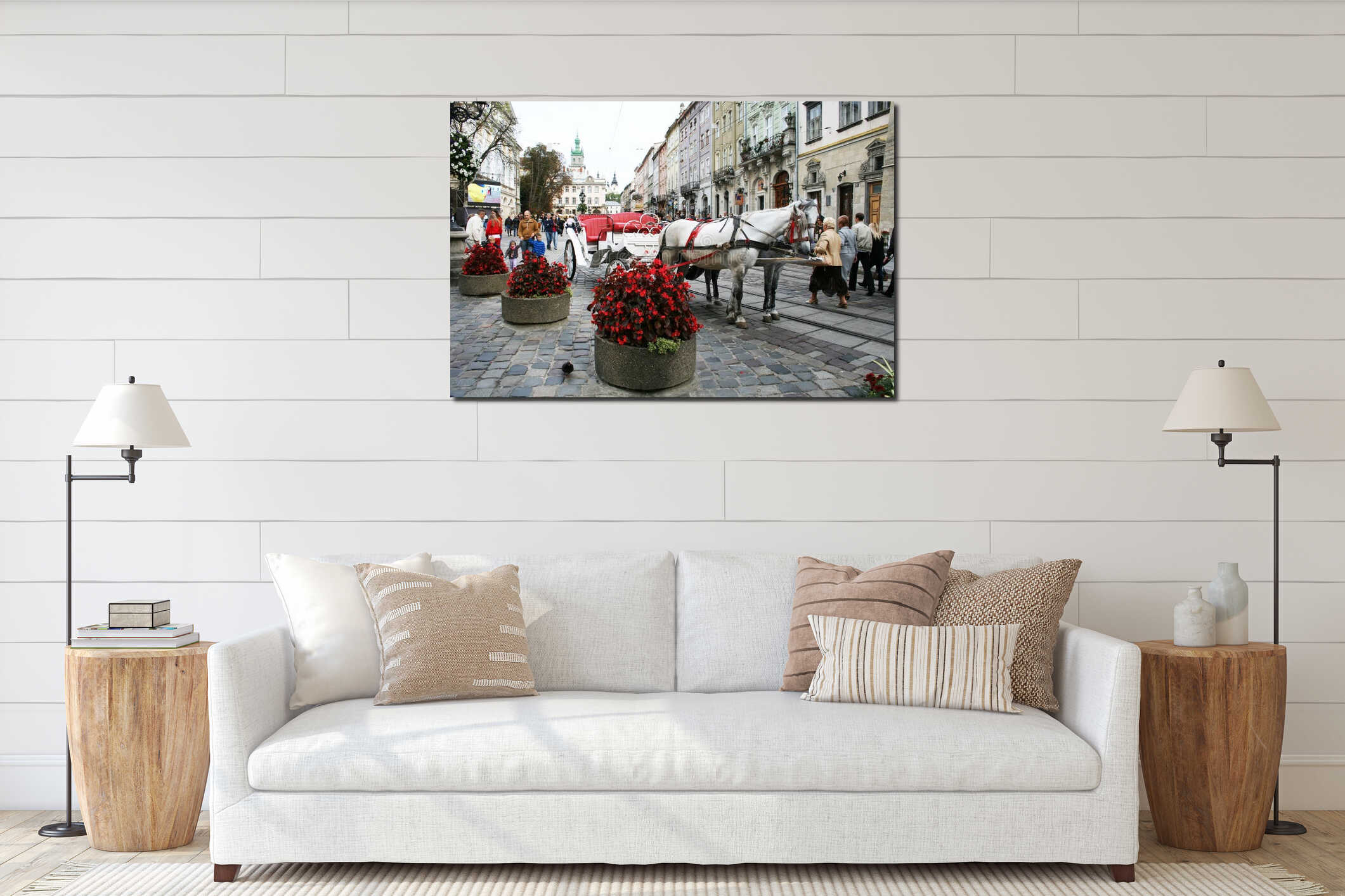 ÃÂ¡oach with horses, flowerbeds with flowers, a lot of people on the Rynok Square interior mockup