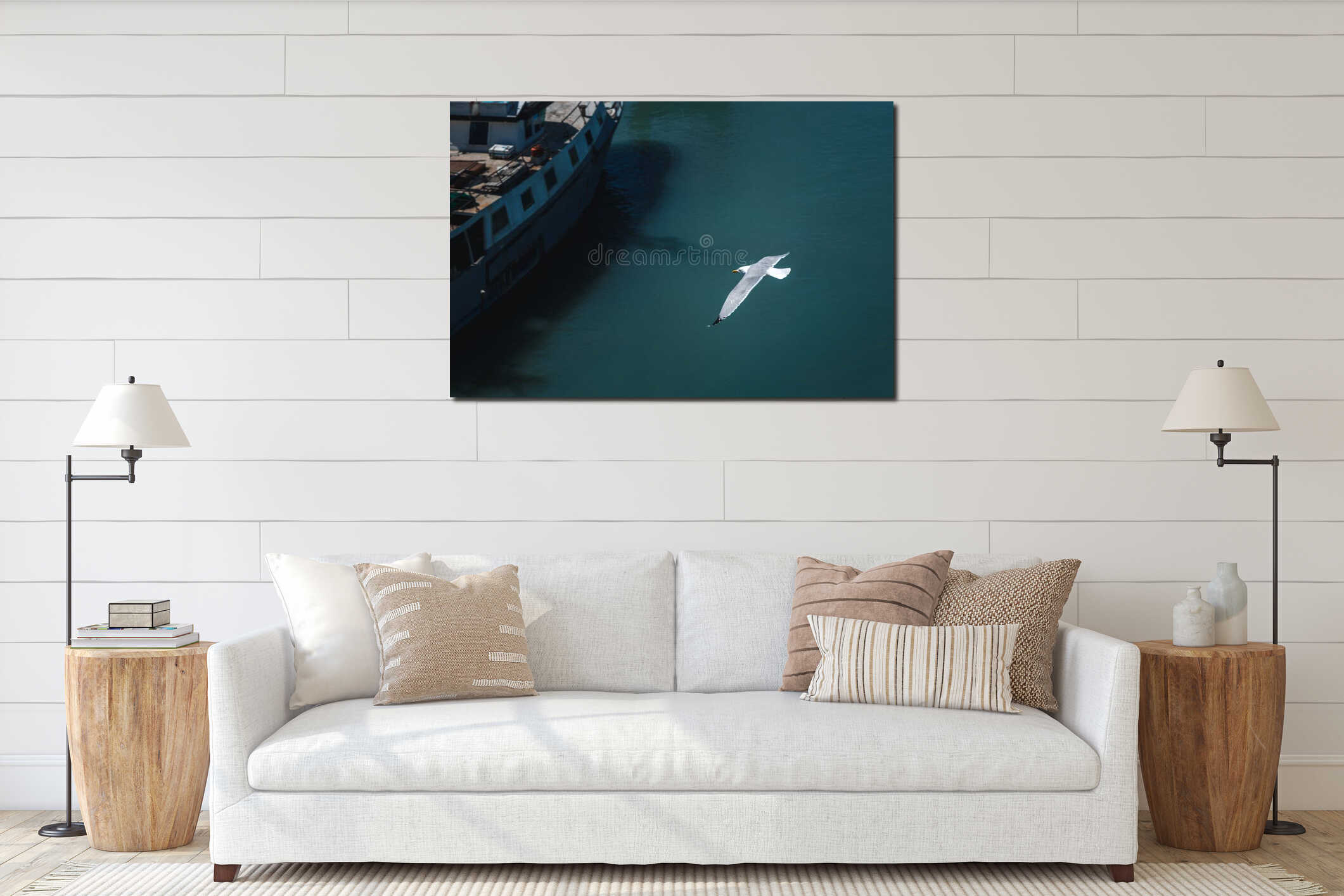 Seagull flying over Pescara river interior mockup