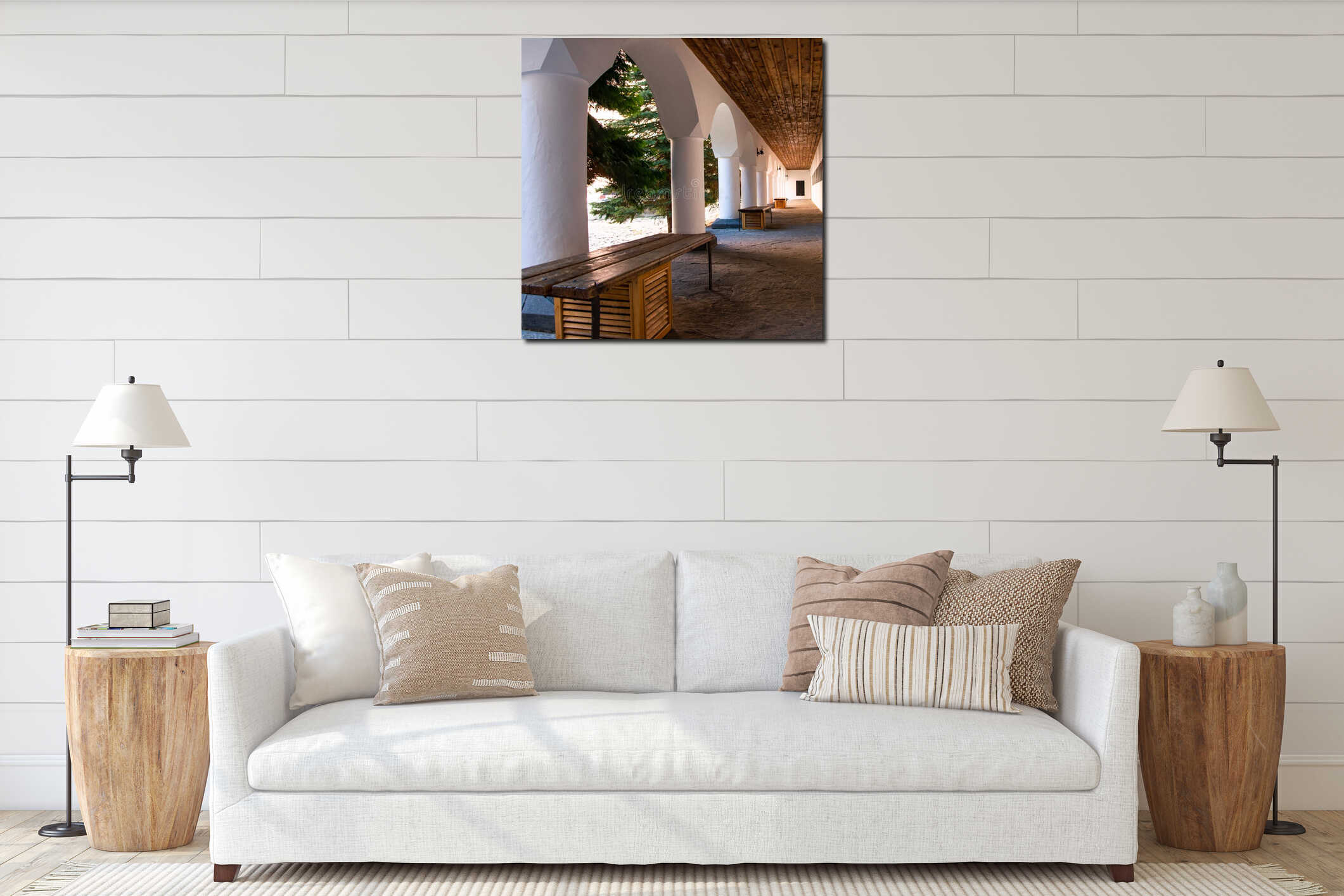 Arched corridor in courtyard of the Orthodox Rila monastery interior mockup