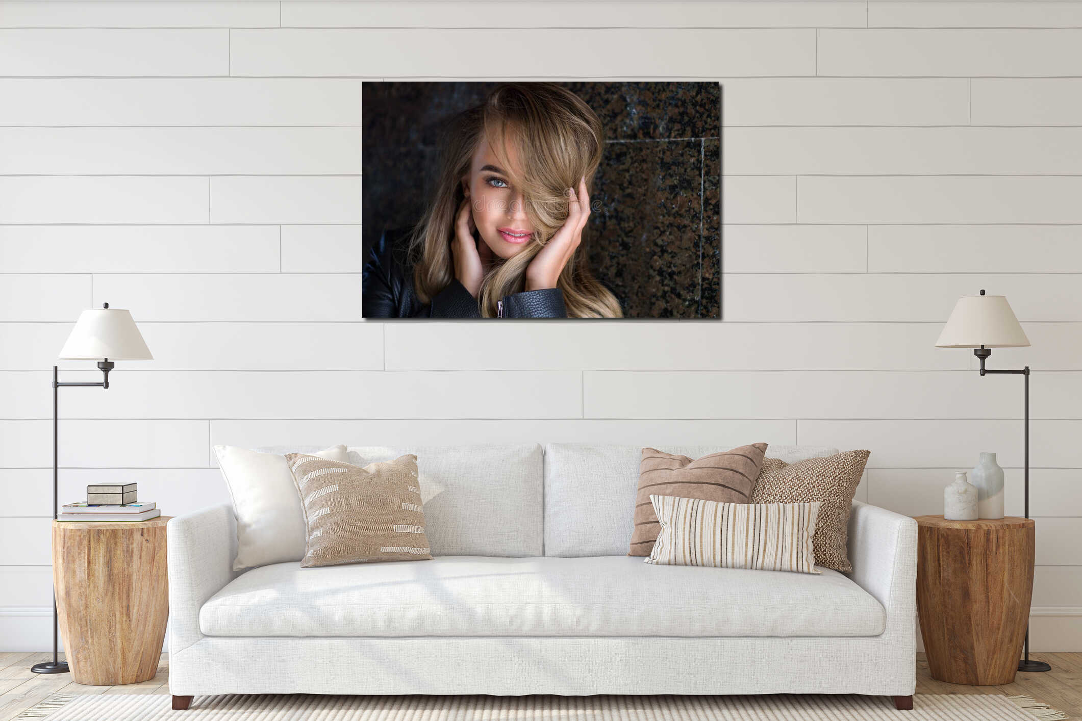 Young pretty sexy woman in leather jacket, lifestyle hipster gir interior mockup