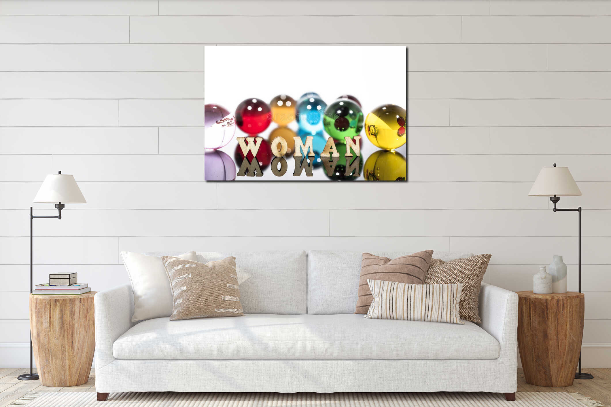 Abstract composition with transparent glass balls and wooden letters interior mockup