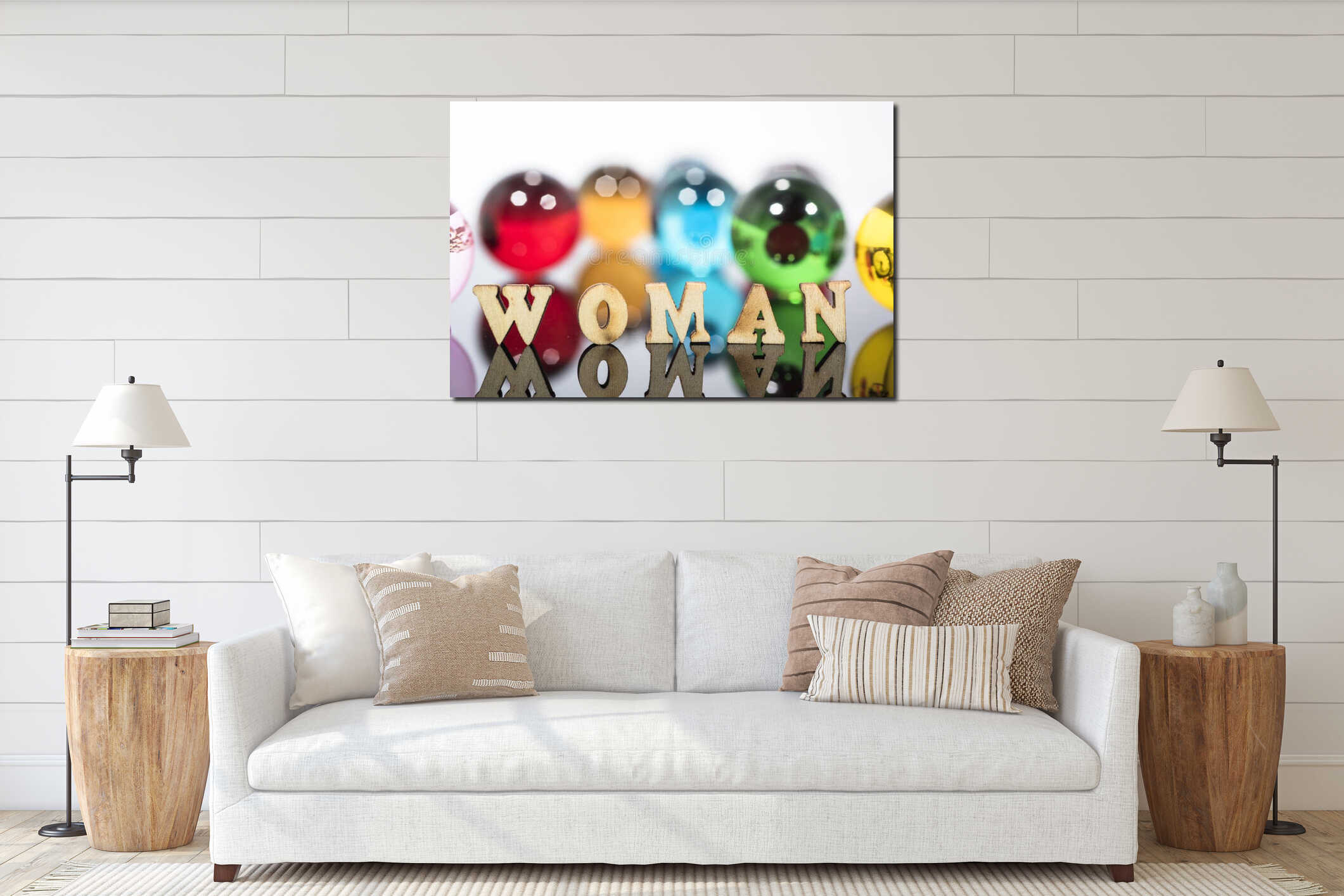 Abstract composition with transparent glass balls and wooden letters interior mockup