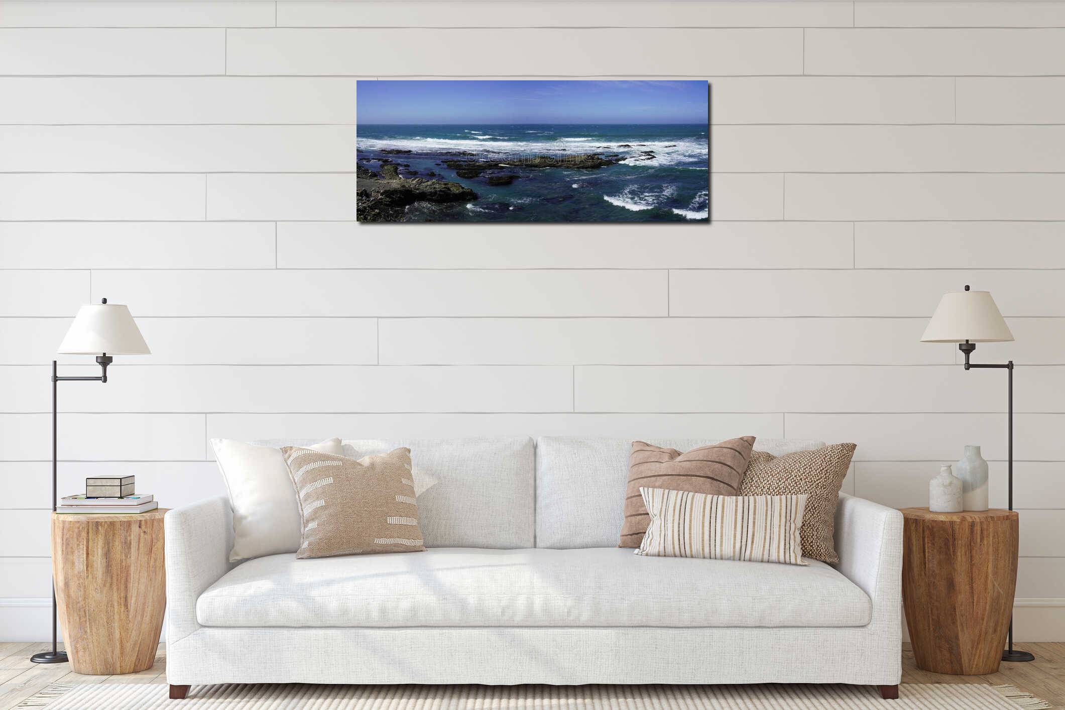 Panoramic view of coastline scenery of blue sky with rocks and sea on Pacific Coast interior mockup