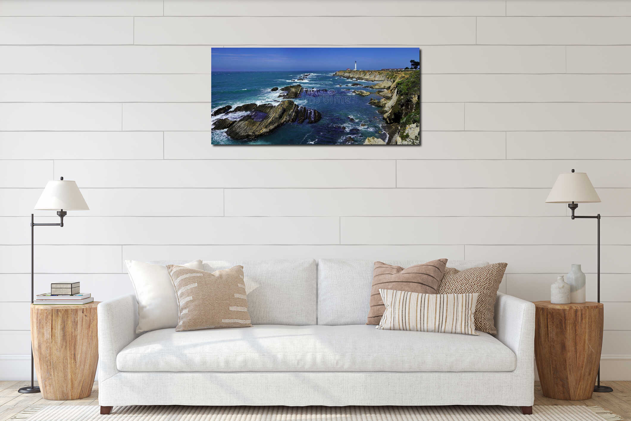 Beautiful coastline scenery and lighthouse on Pacific Coast interior mockup