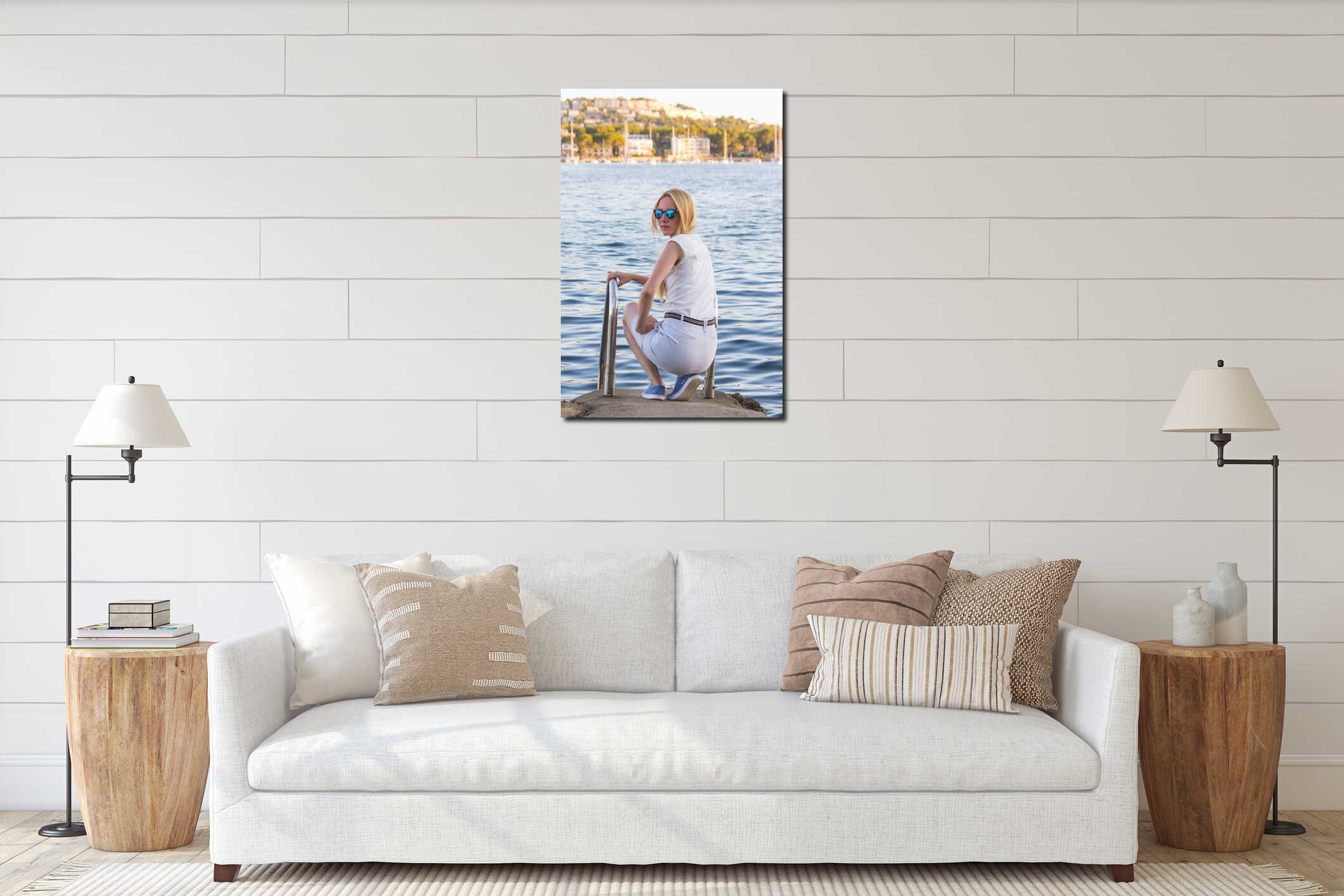 Young attractive blonde woman on summer beach interior mockup