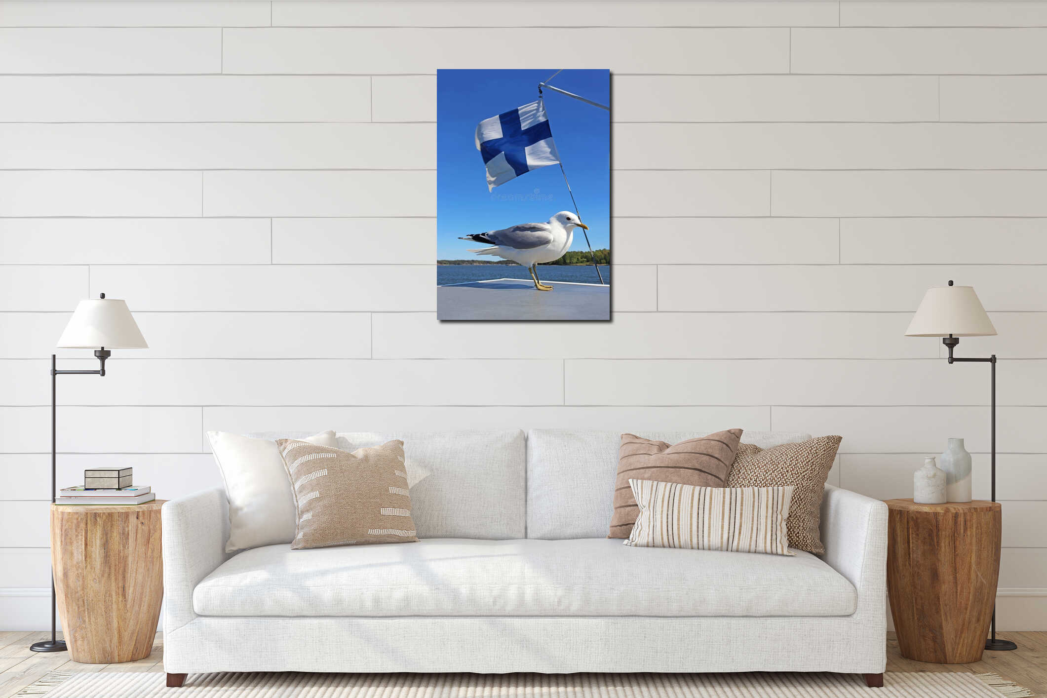Seagull sitting on a ship deck in front of a finnish flag interior mockup