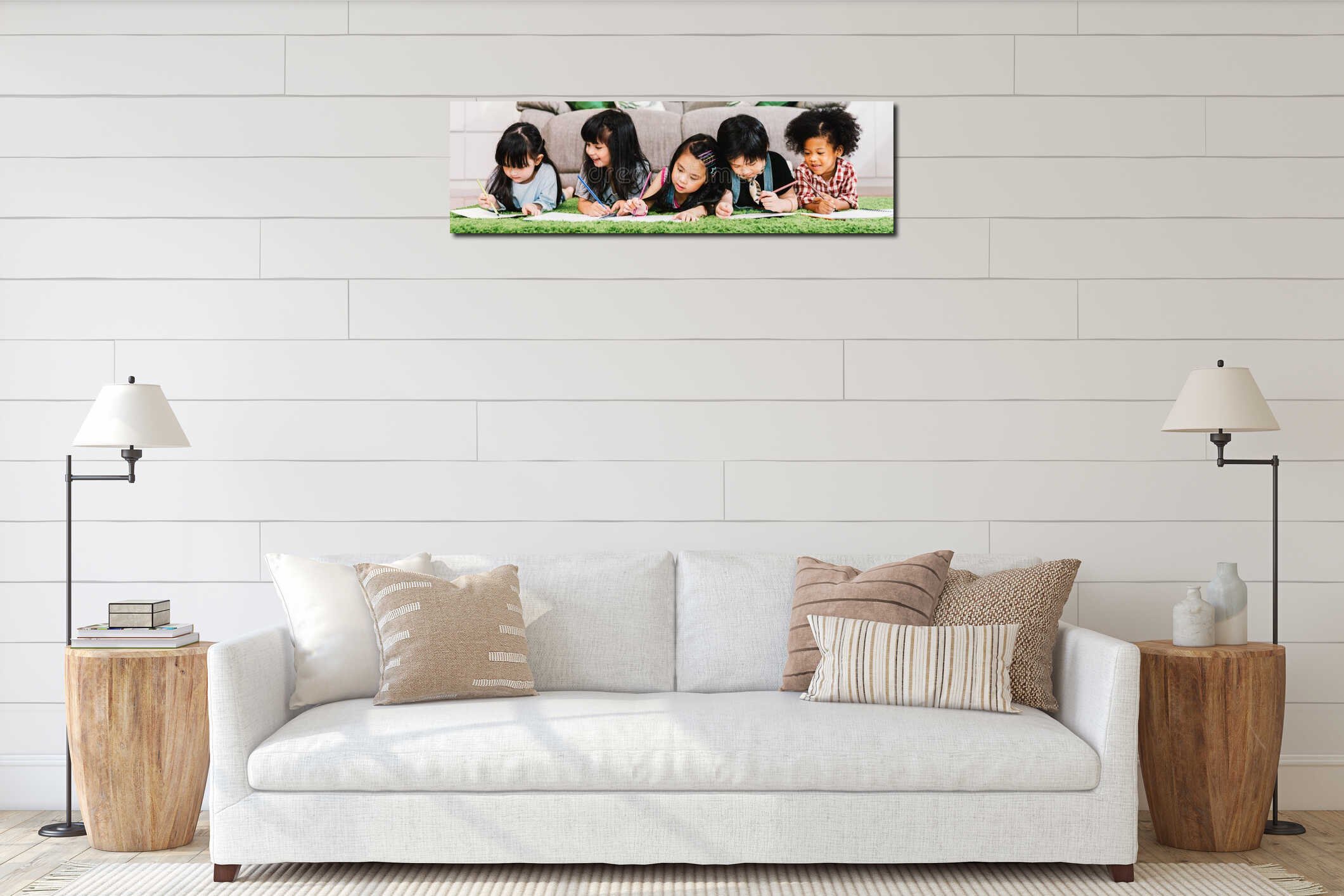 Group of five multi-ethnic young cute preschool kids, boy and girls happy study or drawing together at home or school interior mockup