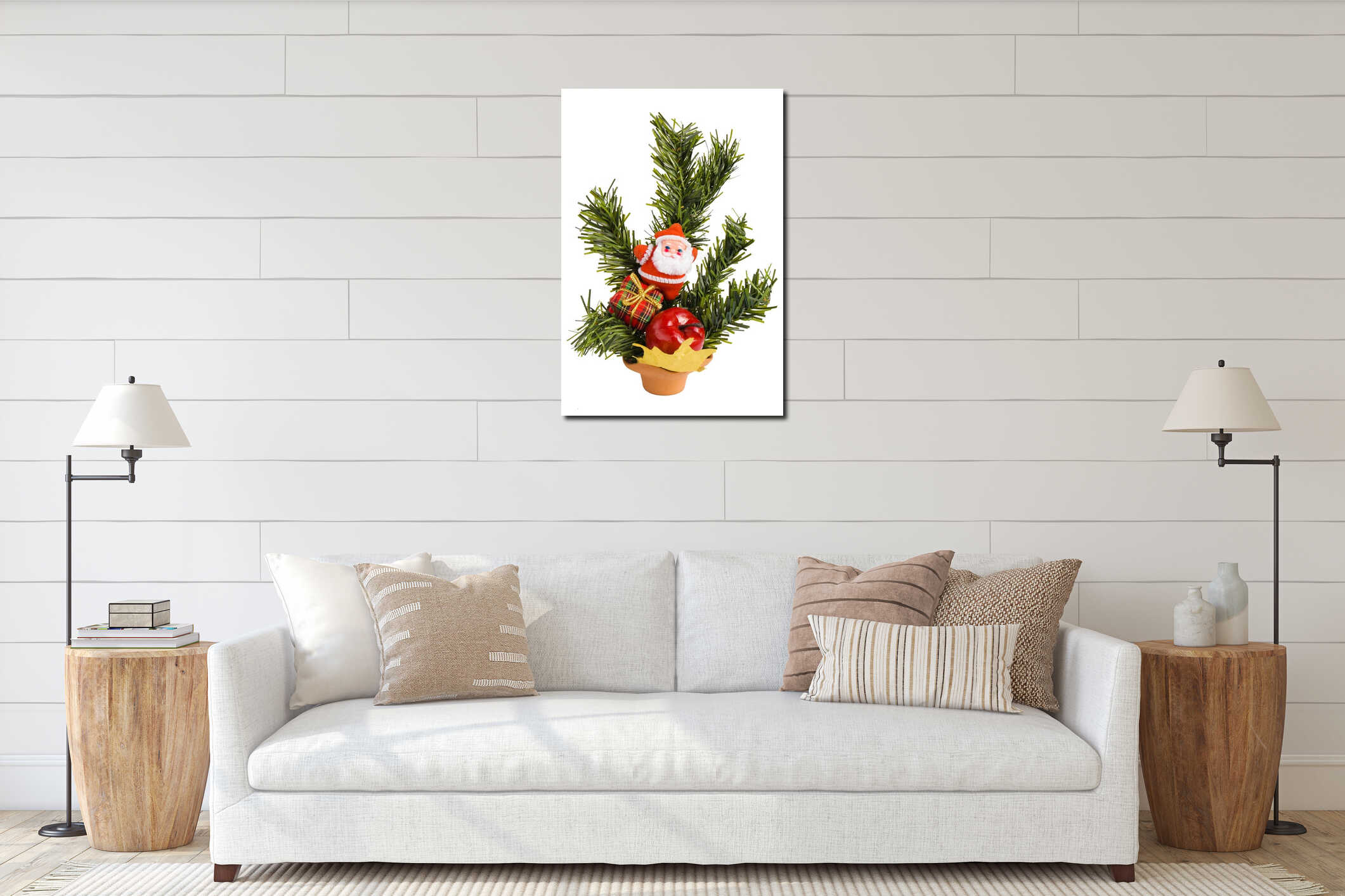 Santa Claus with a gift box, apple & evergreen interior mockup