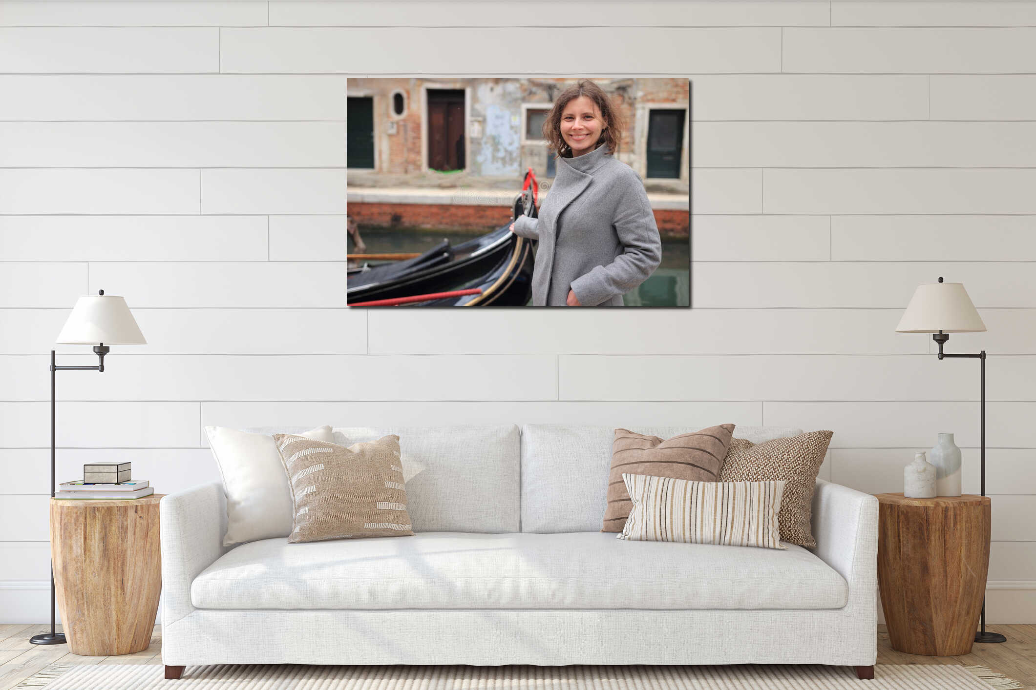 Portrait of cute woman against gondola in Venice, Italy. Travel to Venezia. Girl in Venice canal with gondolas. Happy tourist in interior mockup