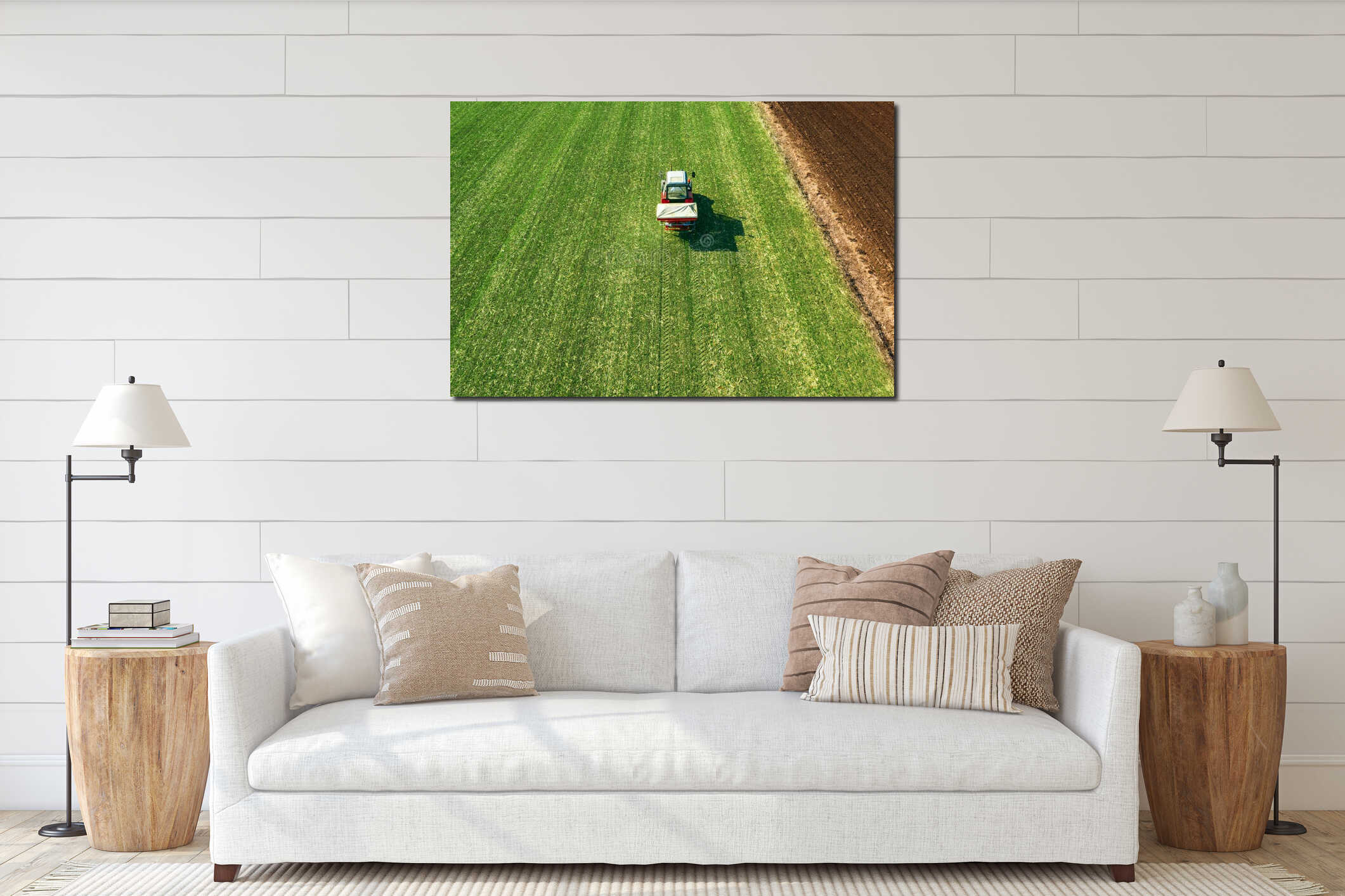 Agricultural tractor fertilizing wheat crop field with NPK interior mockup