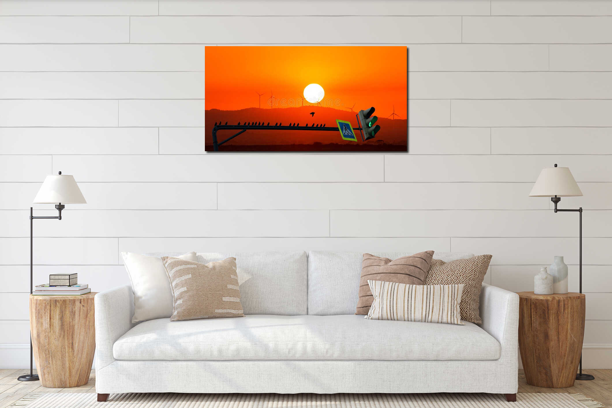 Overall view of wind power generators on the background of sunset over dry salt lake in Cyprus Larnaca in summer interior mockup