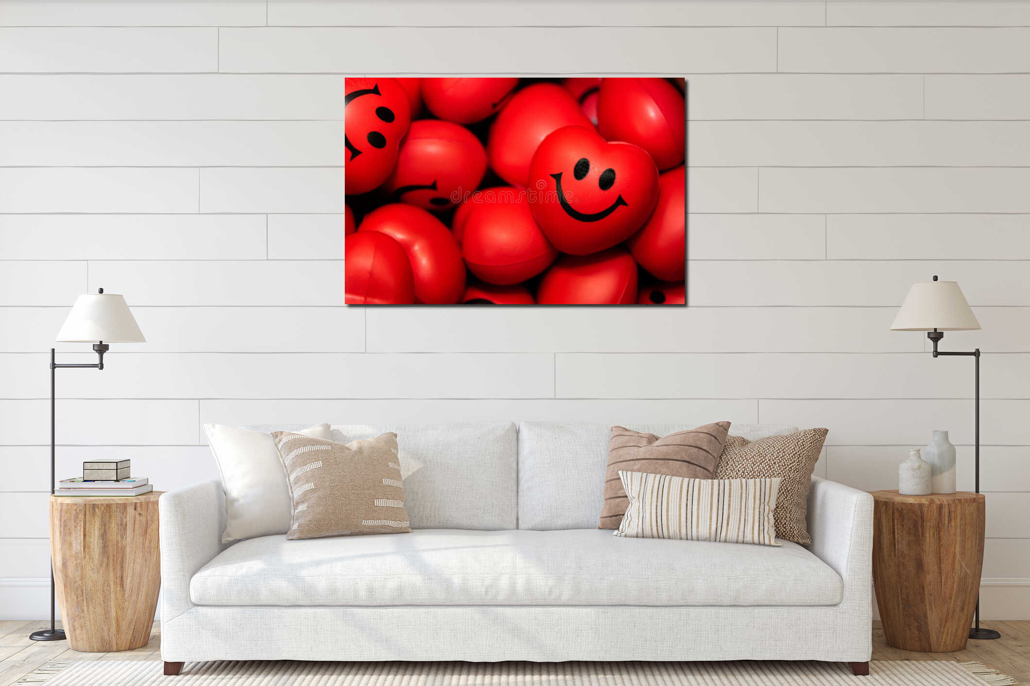 Many smile hearts muscle relief massage ball background for Valentines day and love romantic concept. Positive emotional face for interior mockup