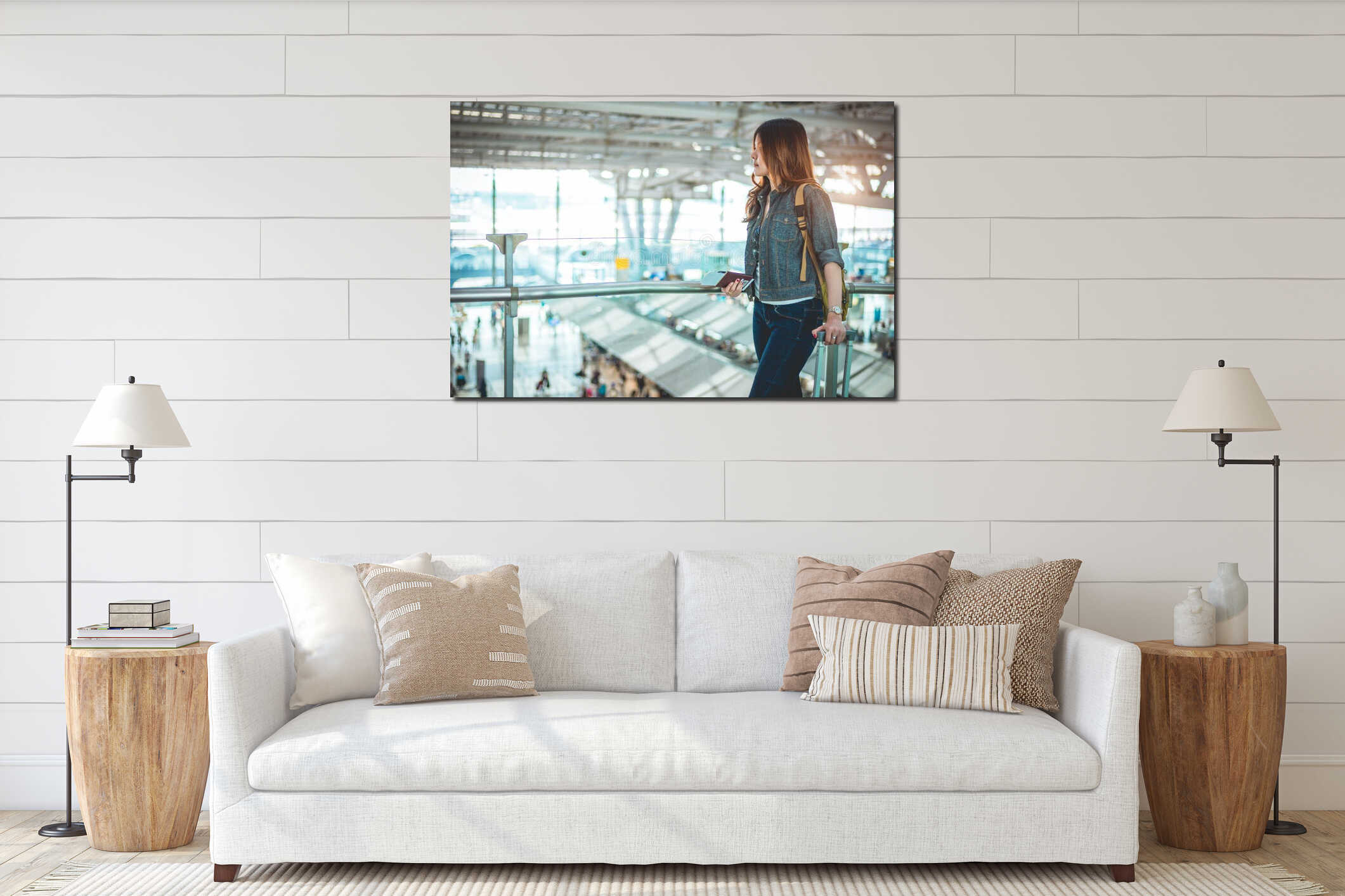 Beauty female tourists holding passport and waiting for flight to take off at airport. People and lifestyles concept. Travel and interior mockup