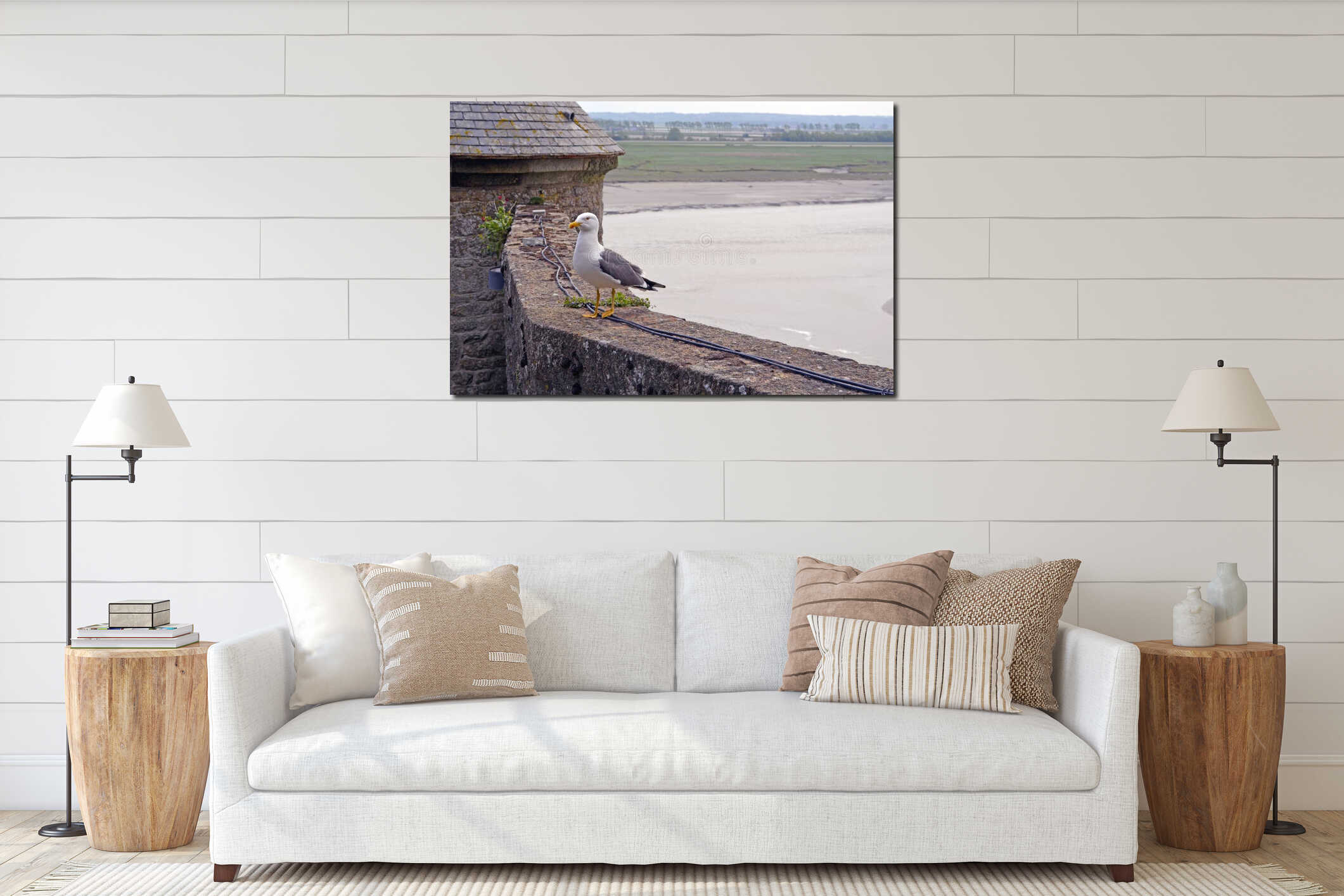 A seagull stands on a stone wall against the backdrop of the medieval stone house of the Saint Michel. interior mockup